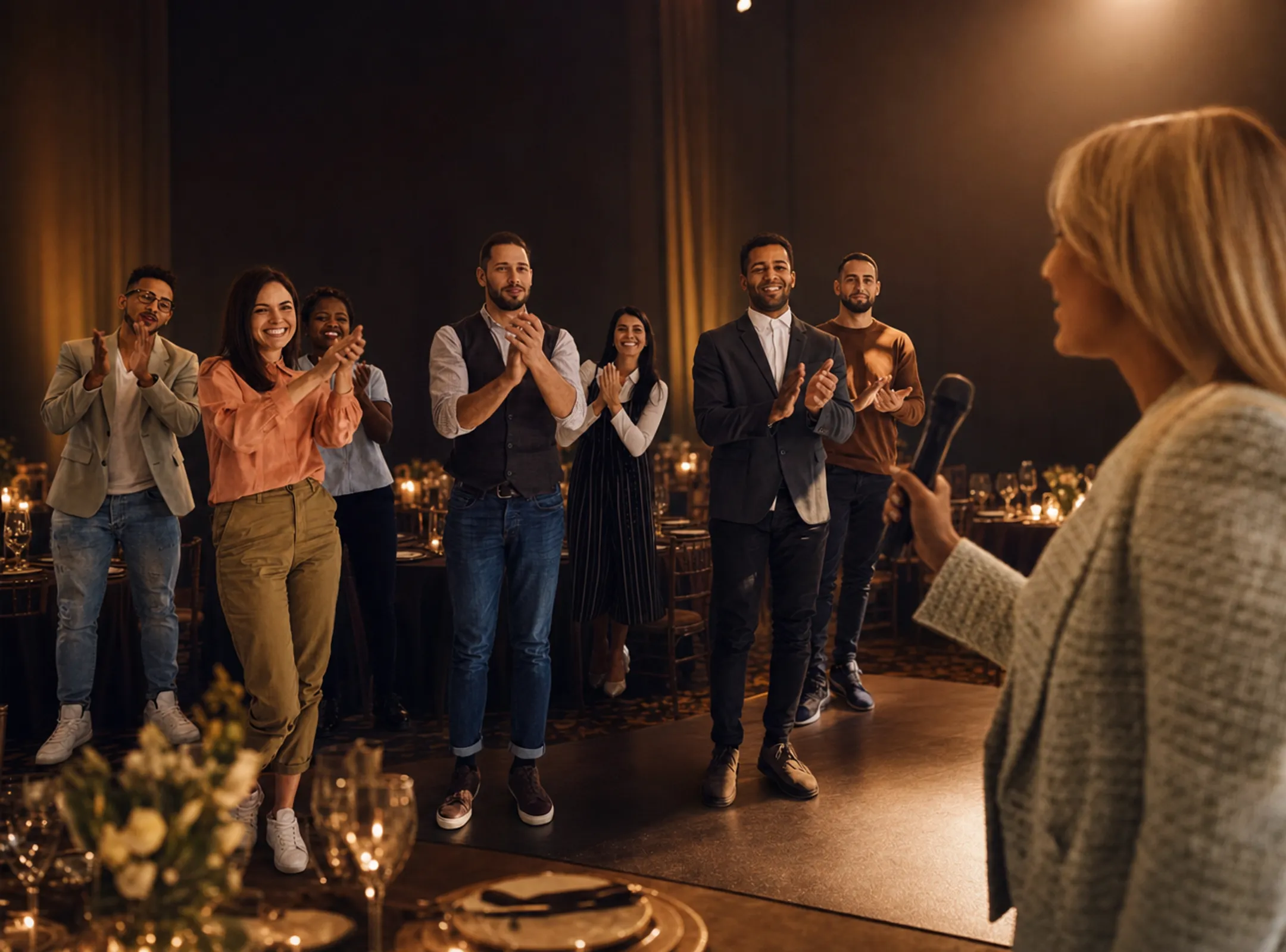 Corporate audience giving standing ovation during after-dinner speaker presentation