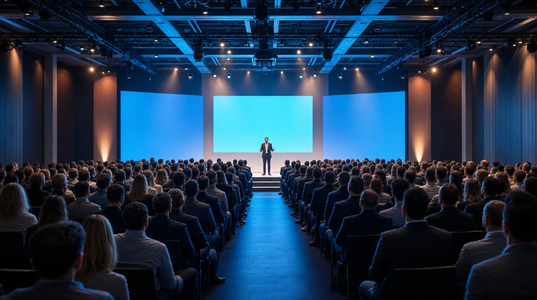 Corporate keynote speaker engaging large audience during motivational presentation