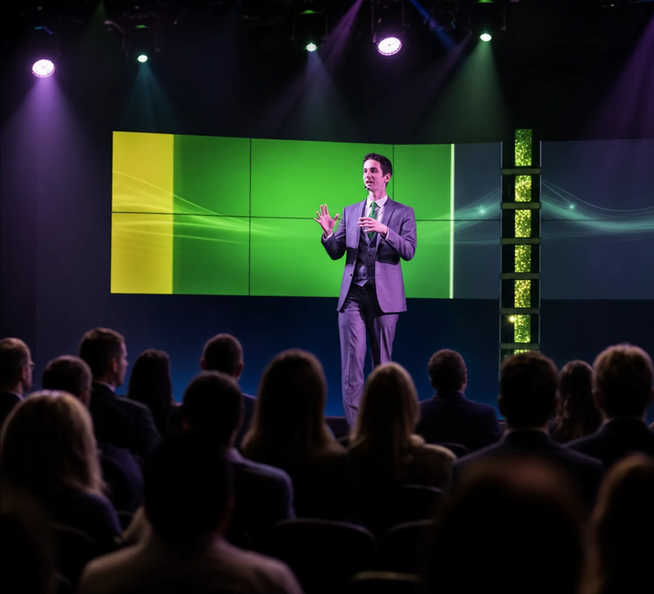 Motivational keynote speaker performing magic tricks on corporate stage