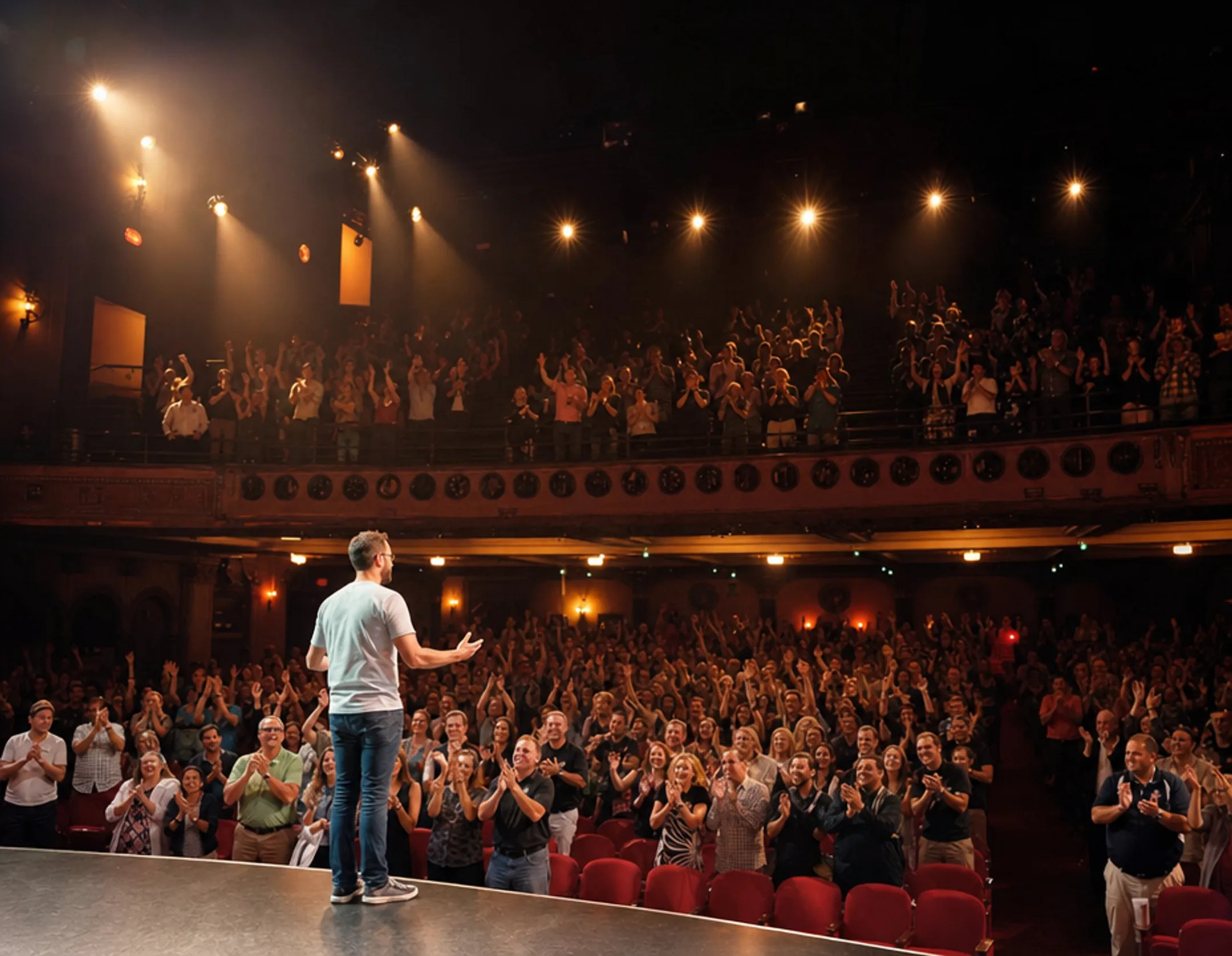 Motivational speaker performing on stage receiving standing ovation from audience