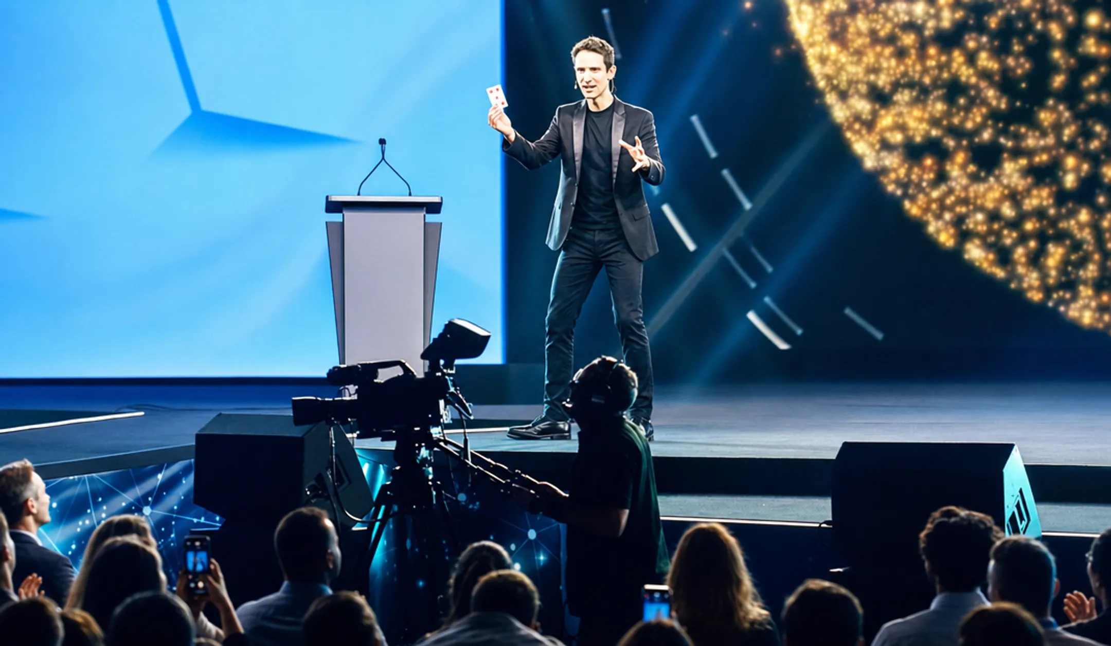 Motivational keynote speaker performing magic trick on stage to audience