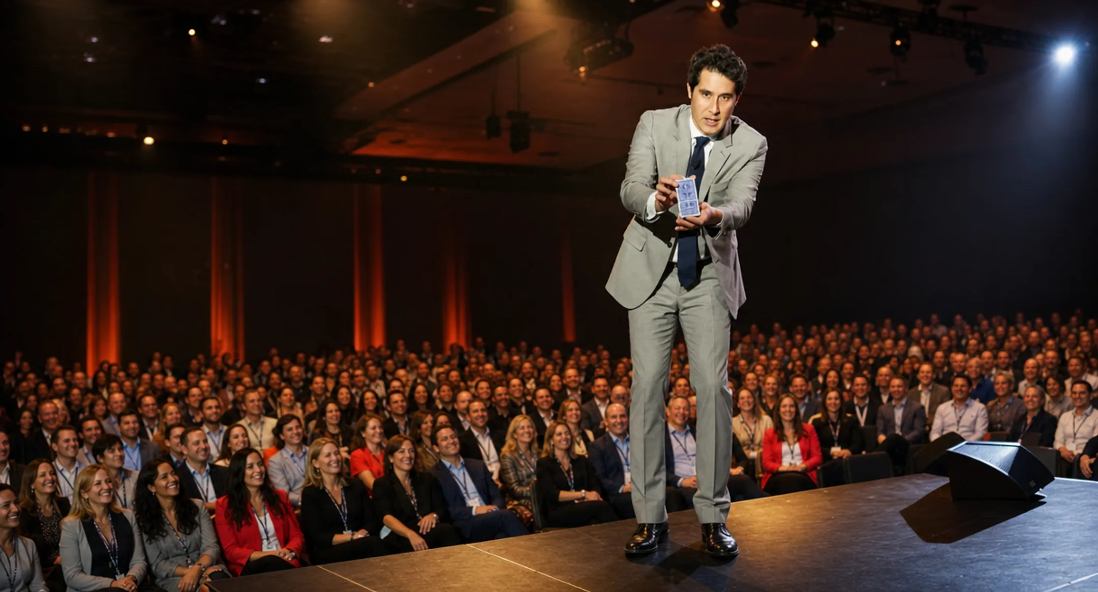 Keynote speaker performing magic trick on stage to engaged audience