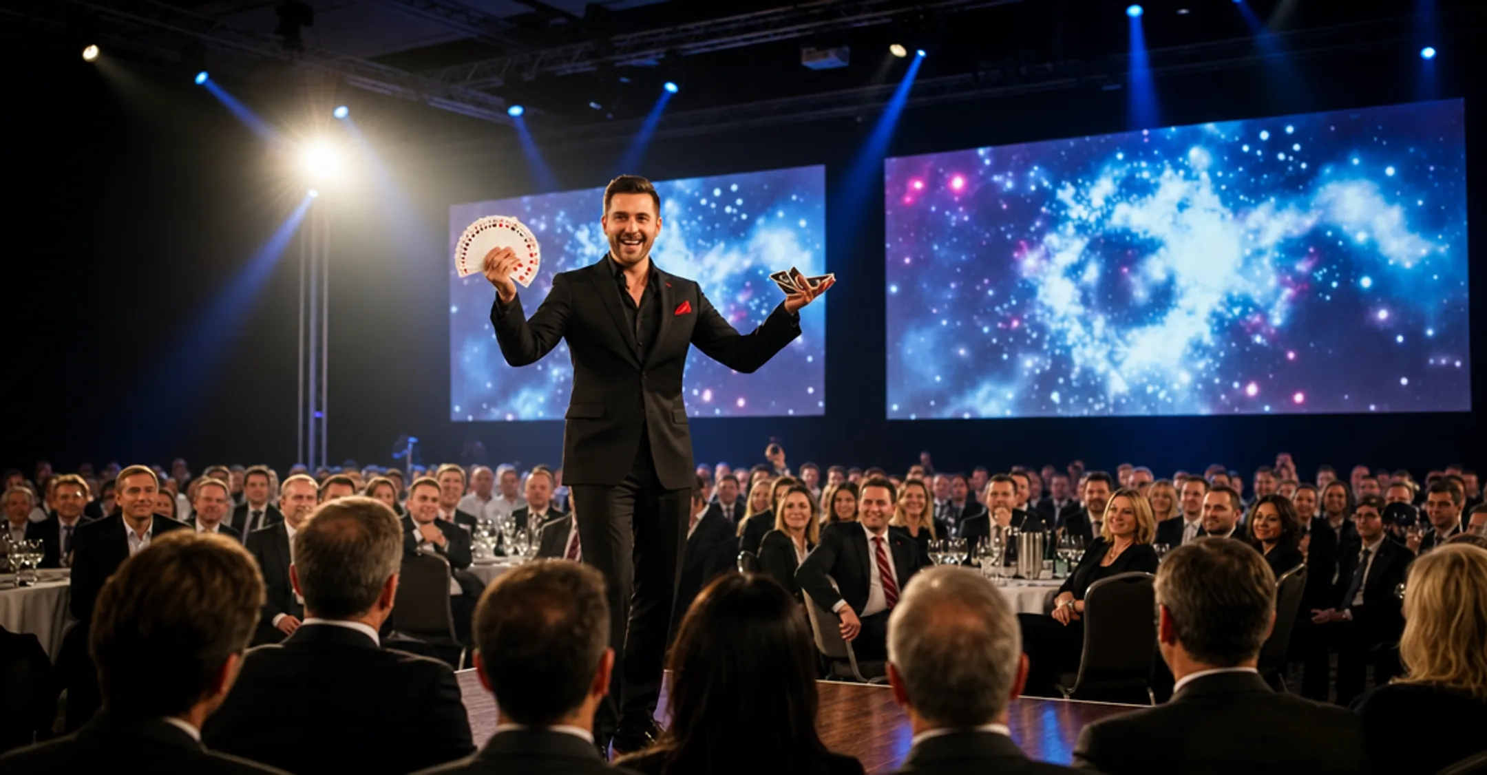 Motivational speaker performing live magic act on corporate stage