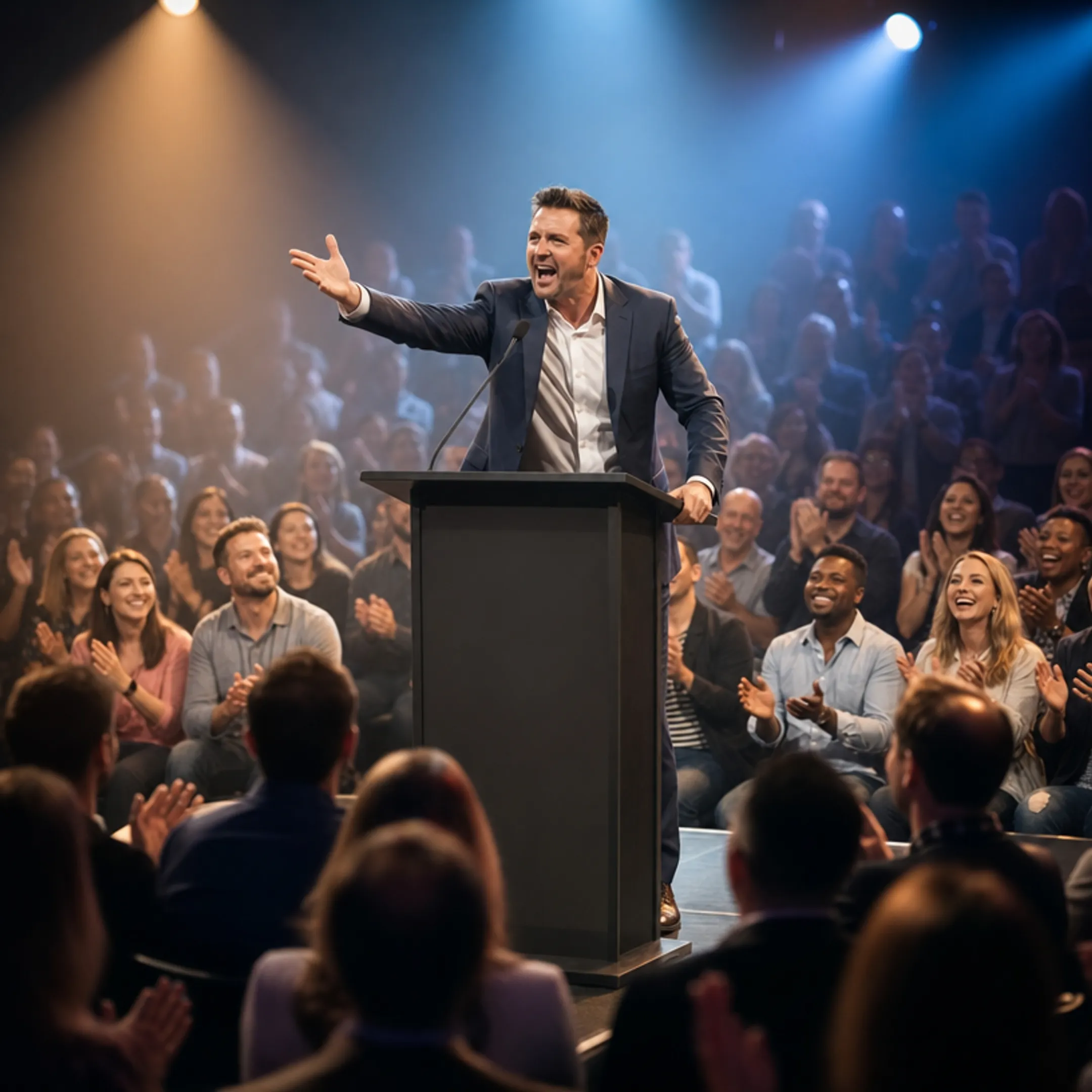 Motivational keynote speaker on stage engaging large conference audience