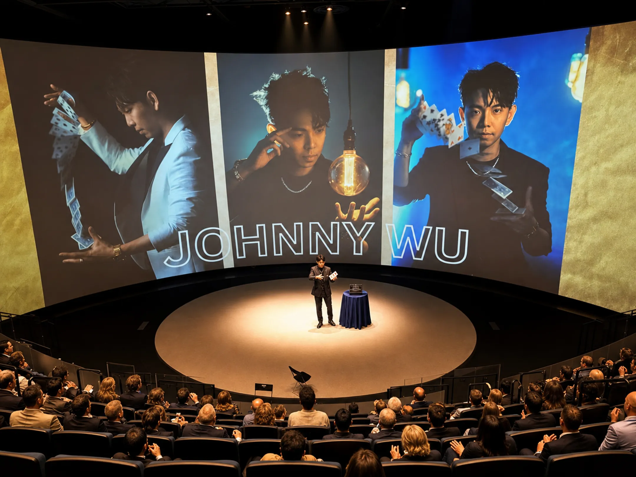 Professional keynote speaker performing card magic trick on corporate stage