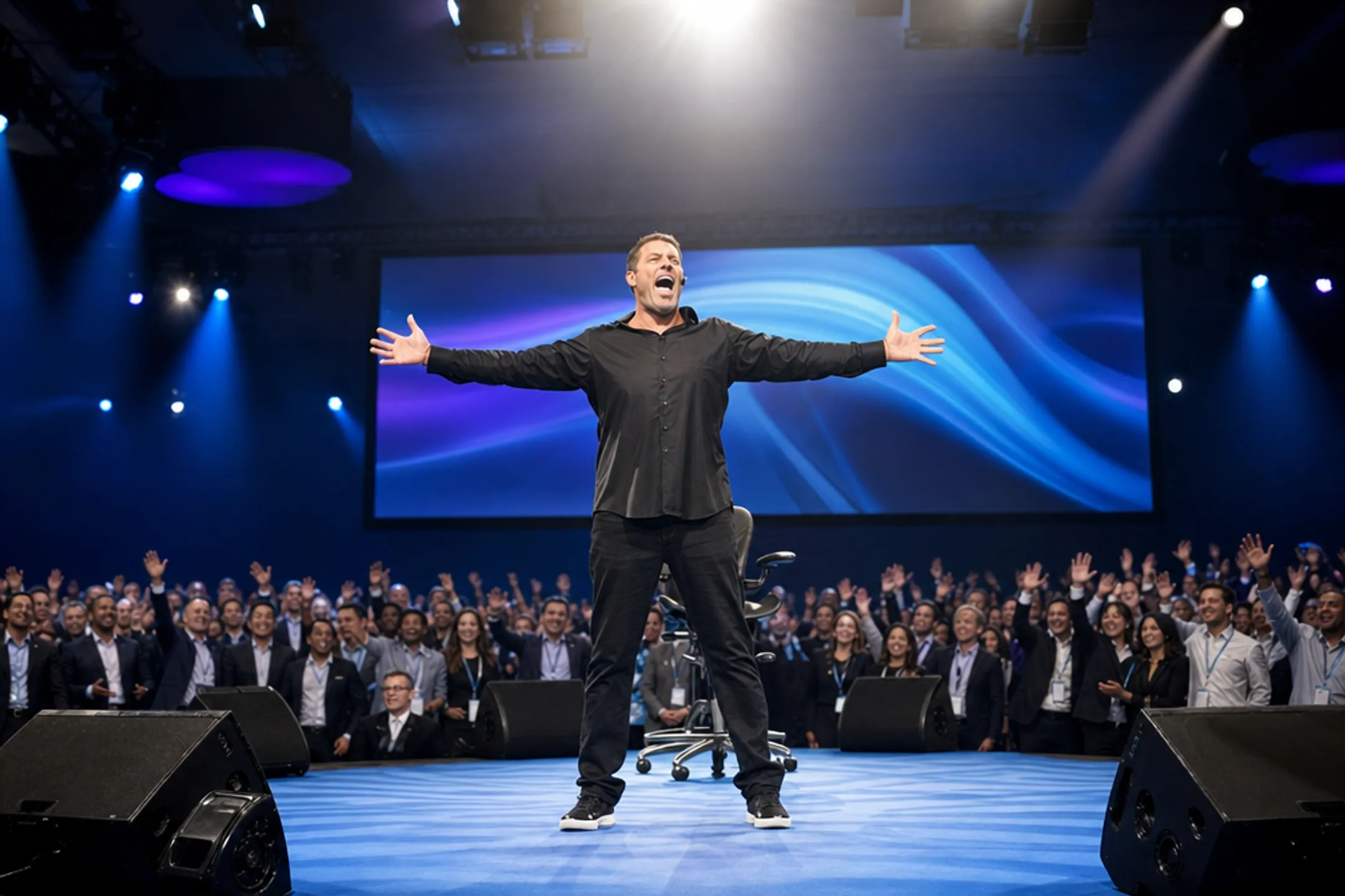 Corporate keynote speaker engaging audience on stage at conference