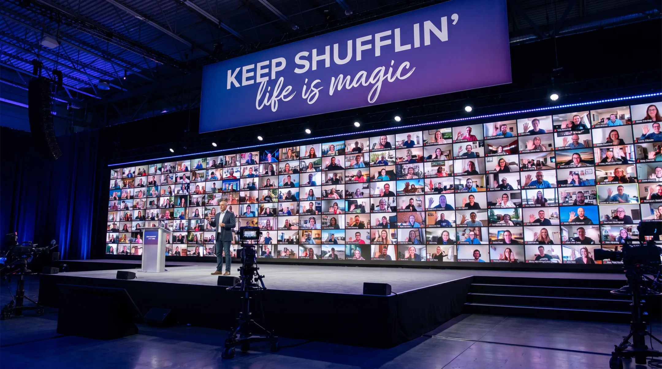 Large corporate virtual audience engaging with keynote speaker event