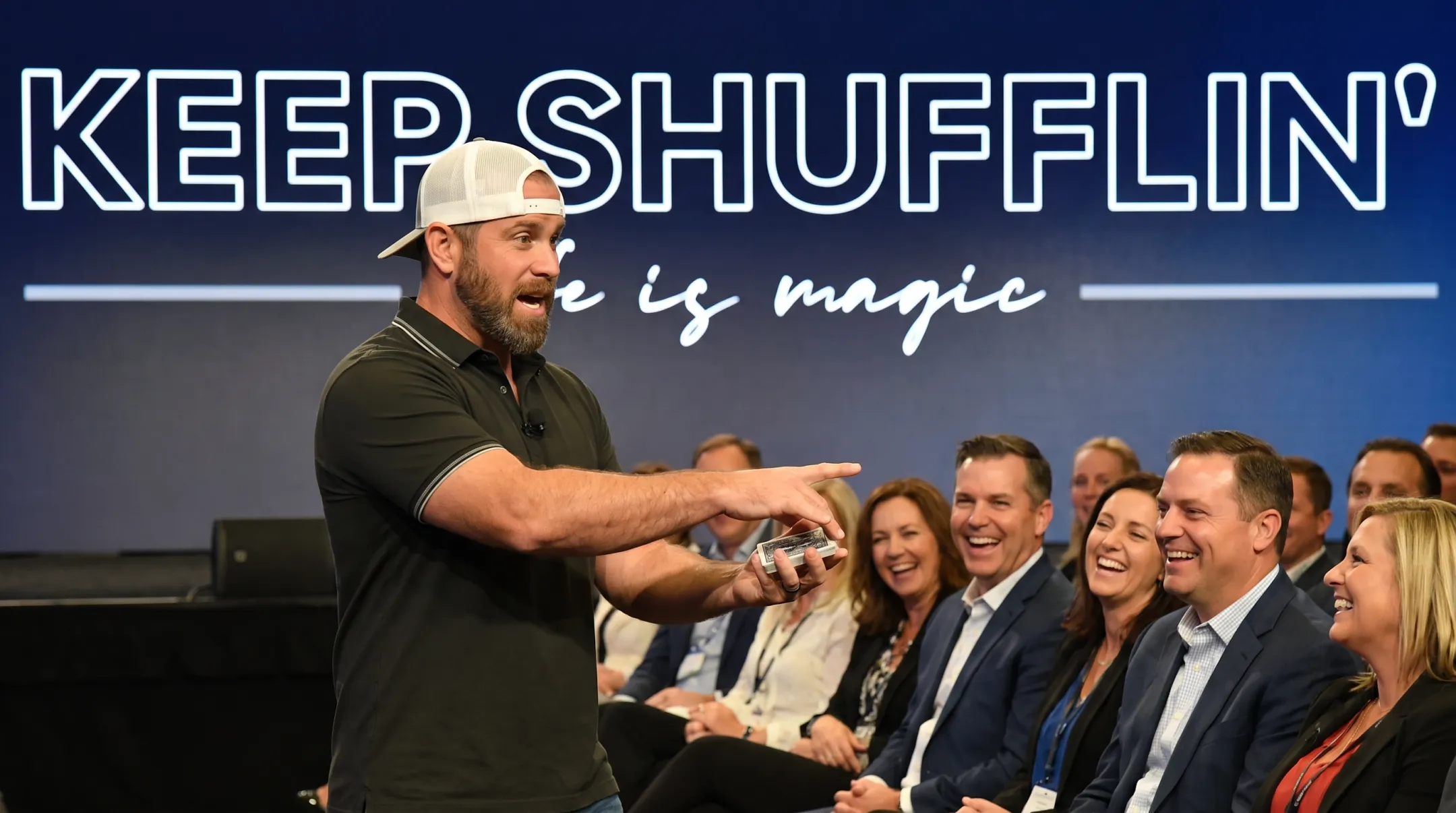 Jon Dorenbos performing magic keynote on corporate stage