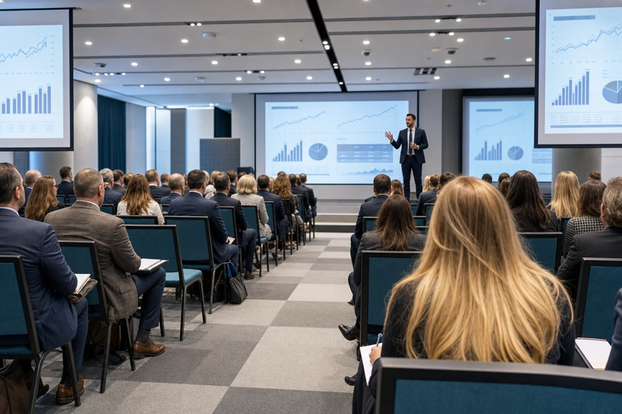 Business keynote speaker addressing large audience at finance conference