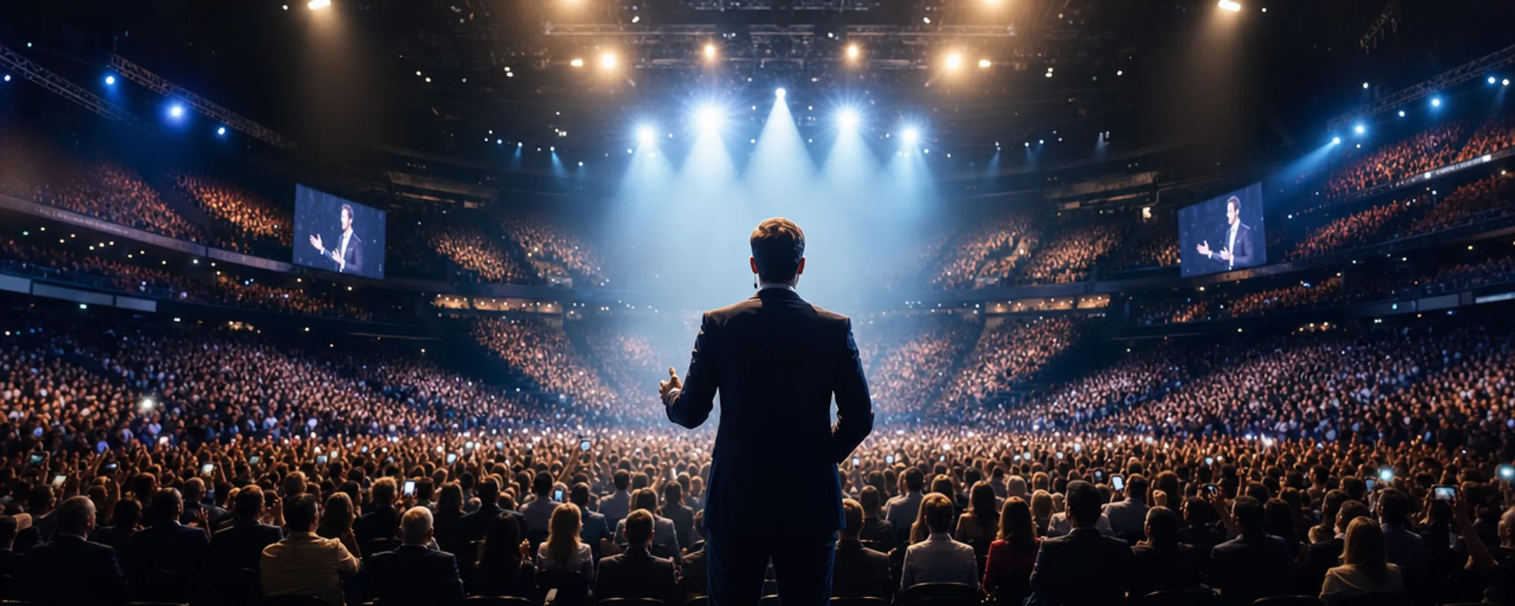 Celebrity keynote speaker addressing large corporate audience on stage