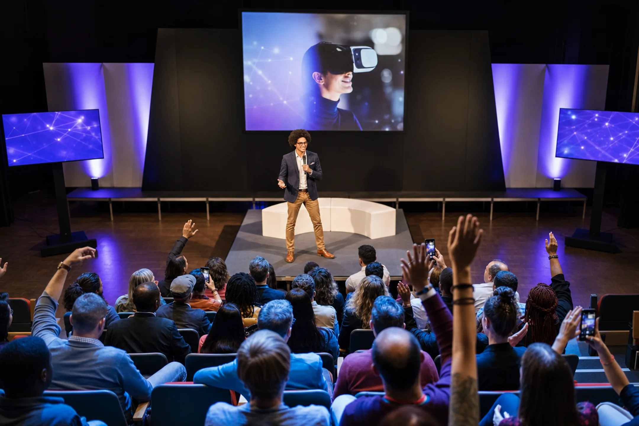 Motivational keynote speaker performing on stage in front of corporate audience