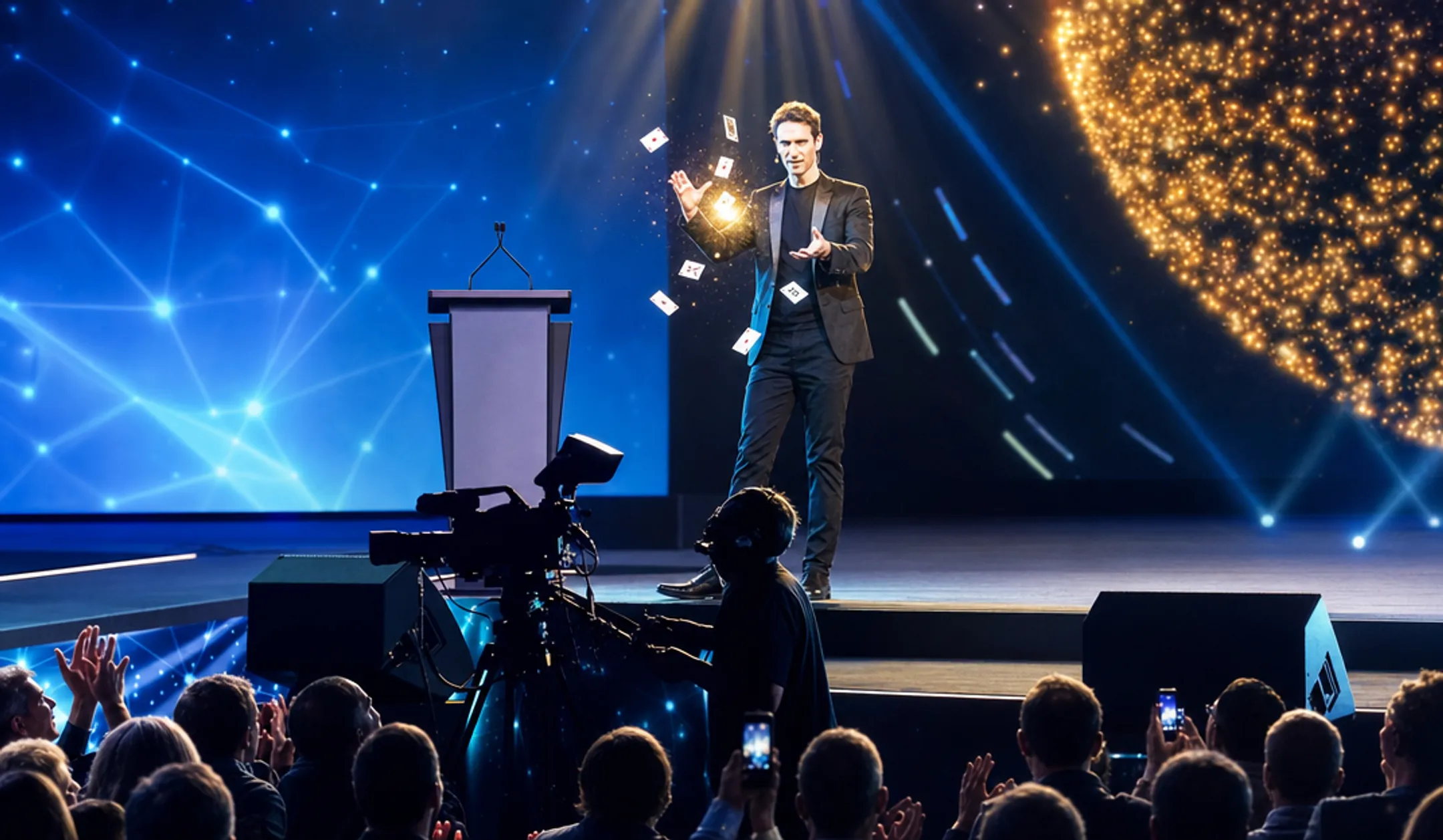 Corporate keynote speaker performing magic on stage during event
