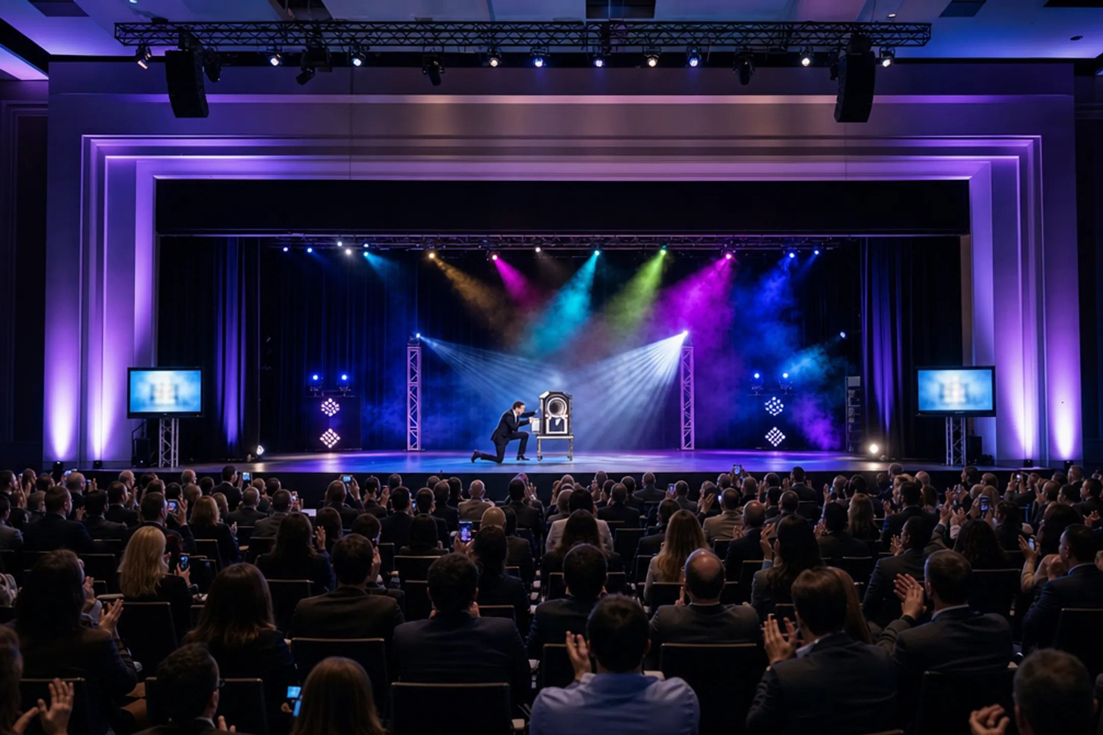 Corporate keynote speaker performing magic illusion on stage to audience