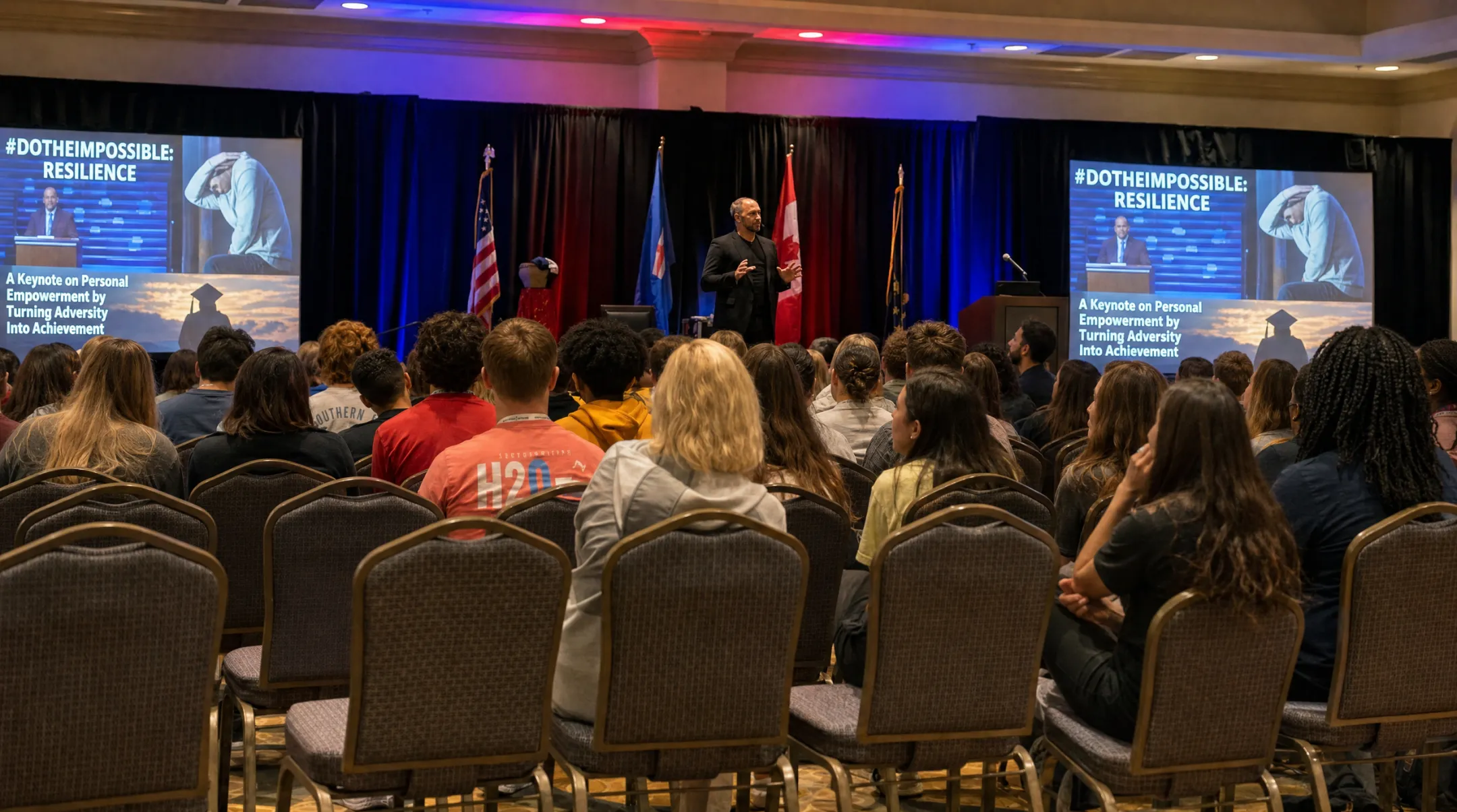 Motivational speaker sharing personal resilience story with corporate audience