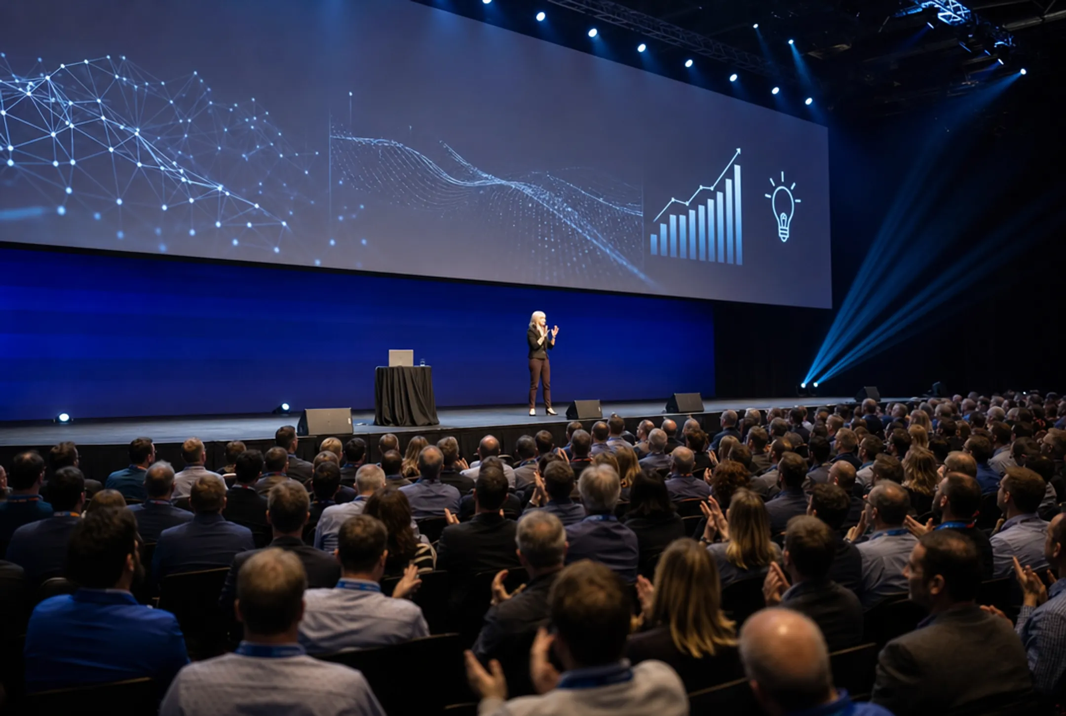 Professional keynote speaker presenting innovation concepts to corporate audience on stage