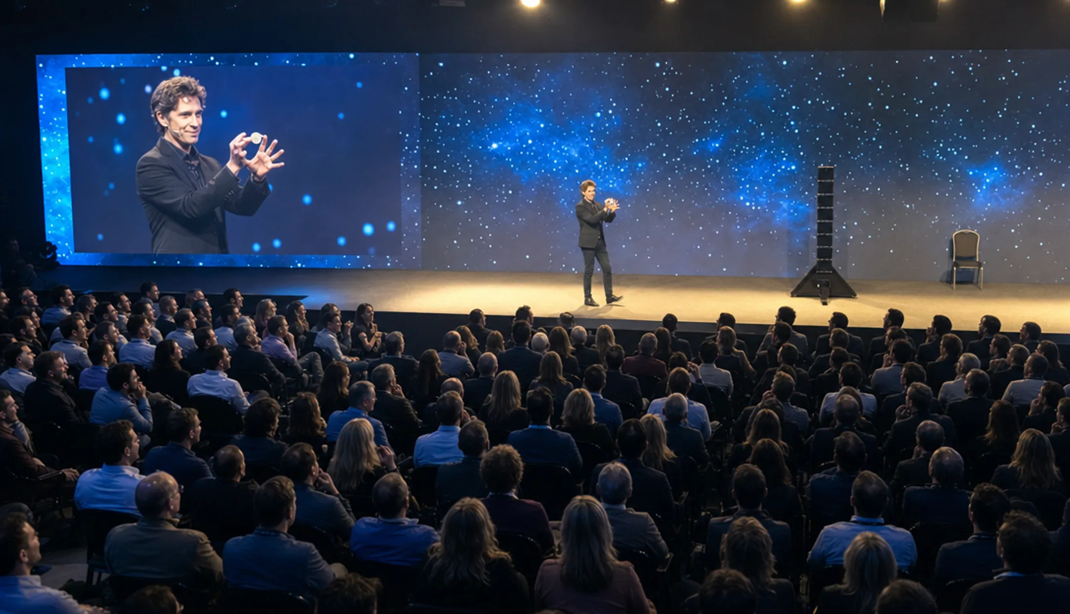Keynote speaker performing magic trick on stage during corporate event