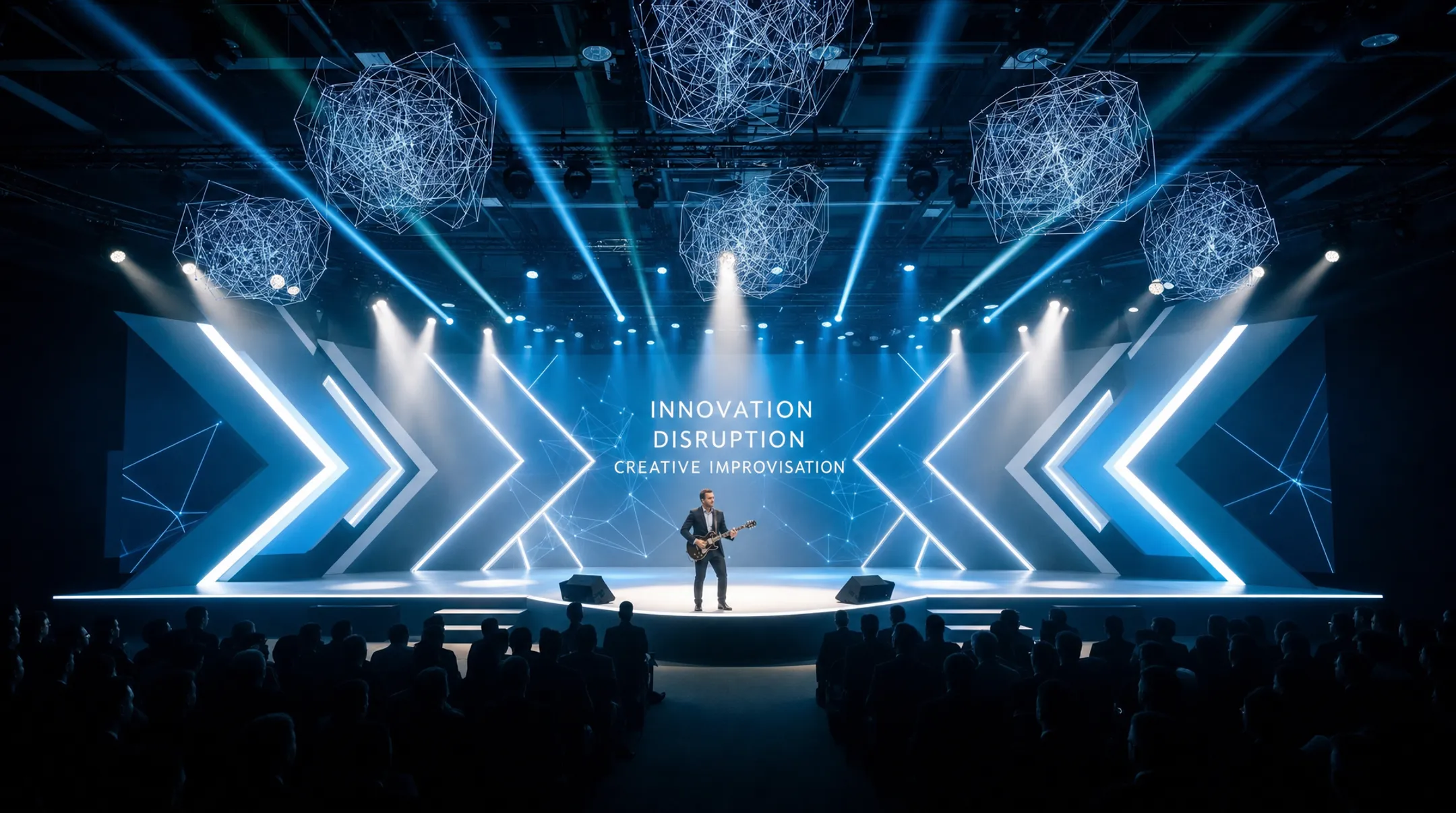 Speaker leading innovation workshop with jazz improvisation theme on stage