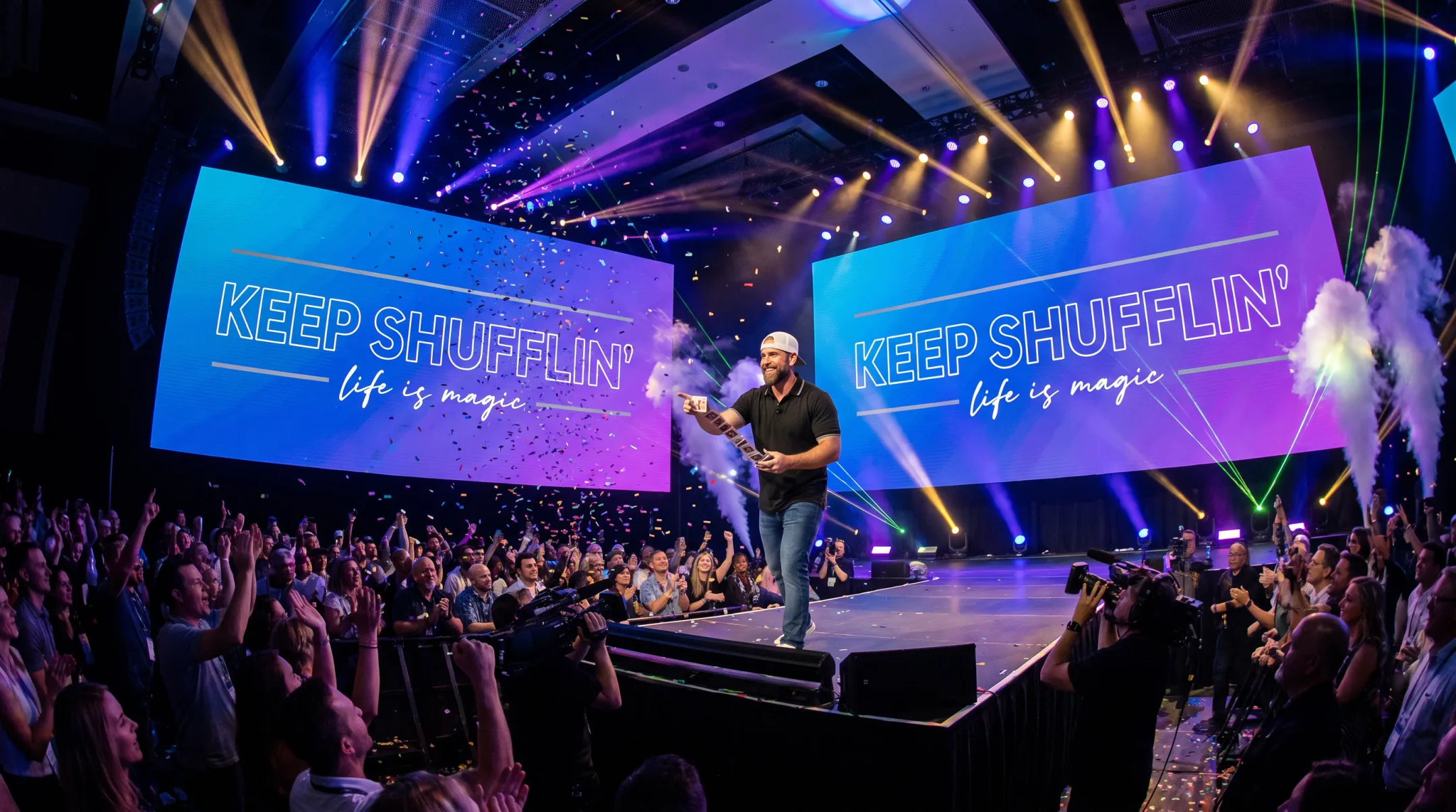 Jon Dorenbos performing magic keynote on corporate event stage