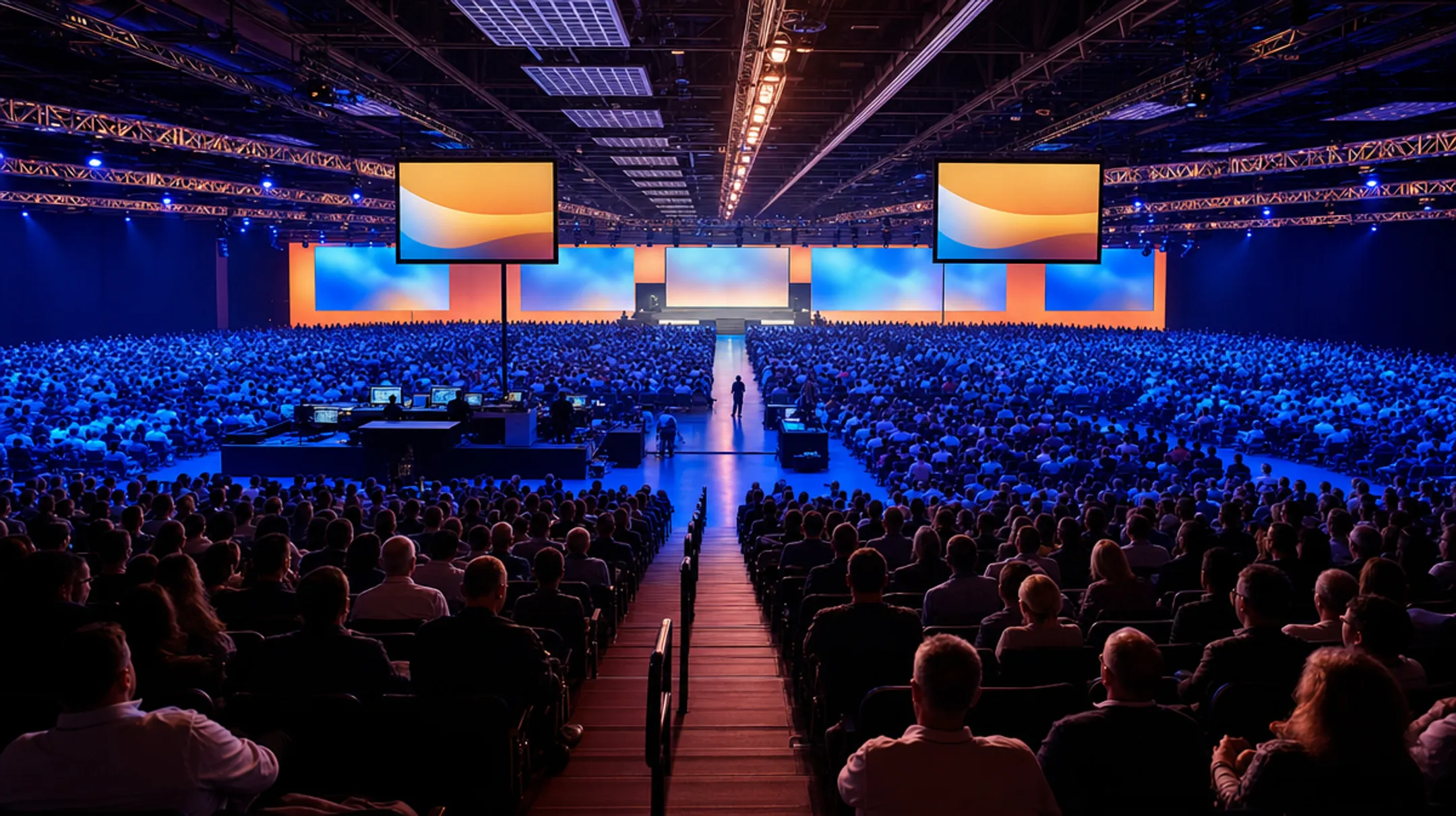 Large convention center hall filled with corporate conference attendees