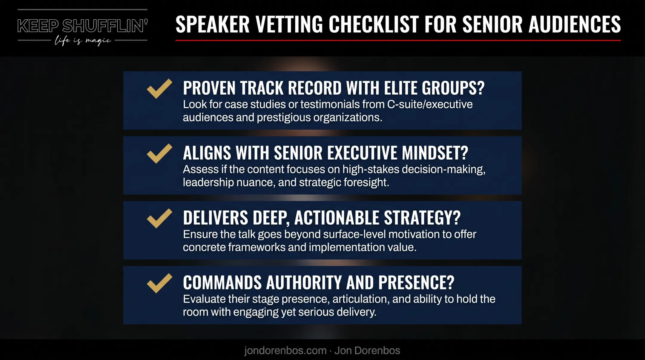 Executive retreat speaker vetting checklist with four key questions