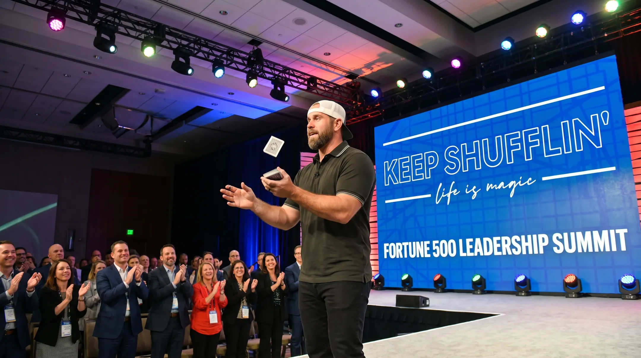Jon Dorenbos performing keynote magic and leadership speech on stage