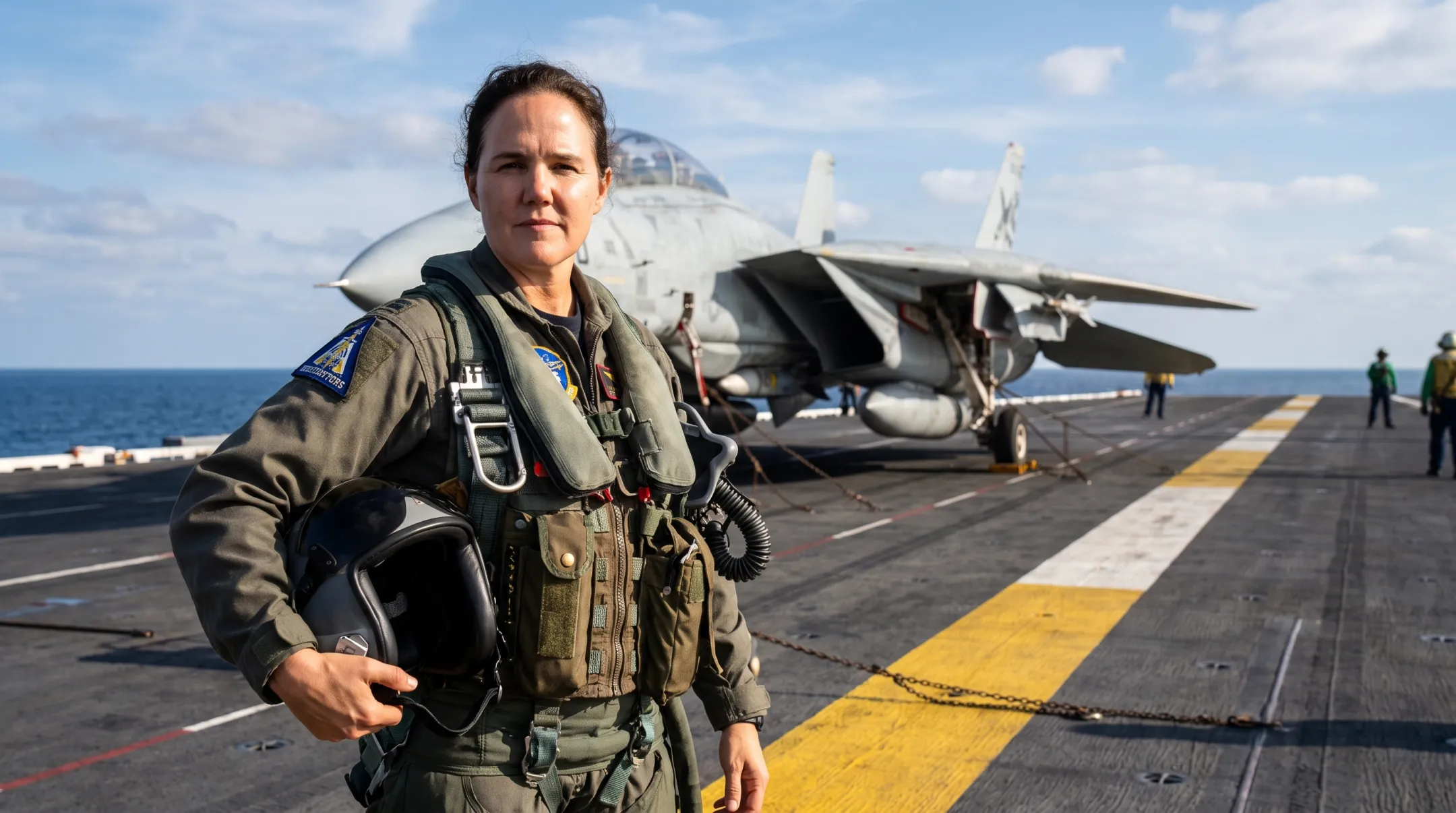 Female Navy fighter pilot in flight suit beside F-14 Tomcat jet