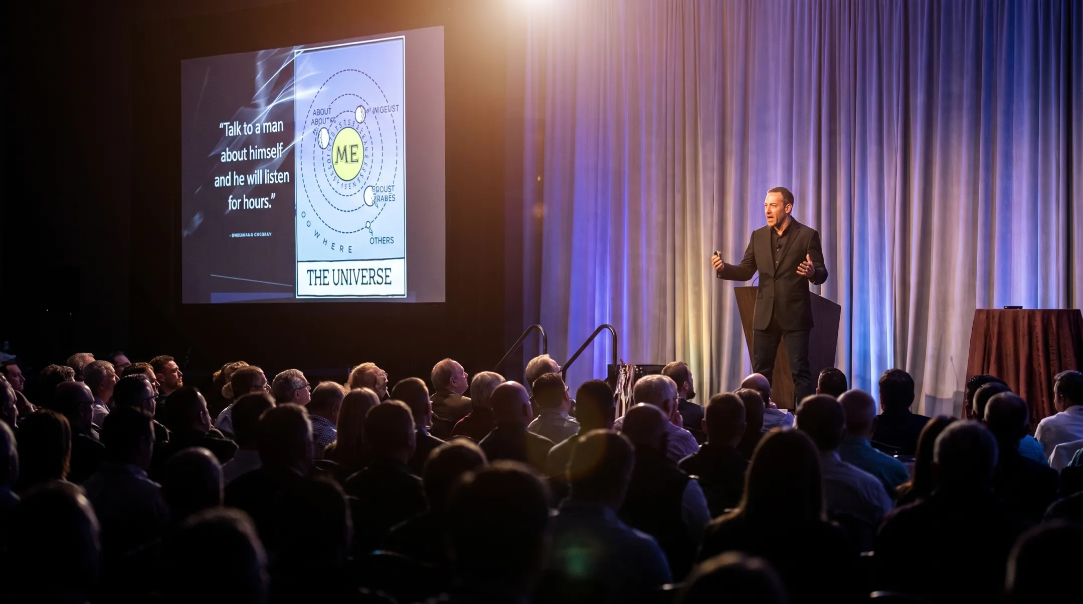 Professional keynote speaker performing on stage using storytelling techniques