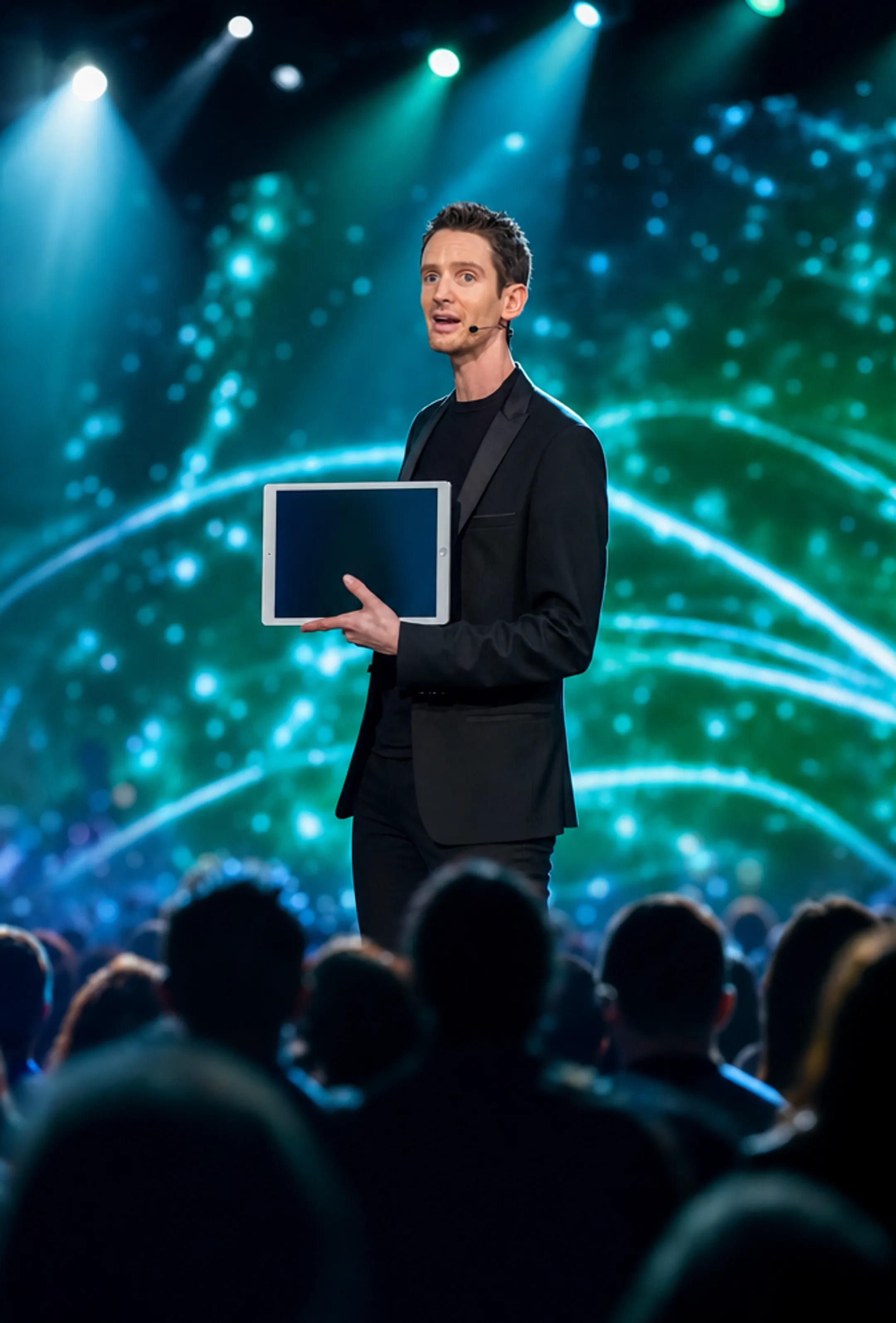 Motivational keynote speaker performing magic trick on corporate stage