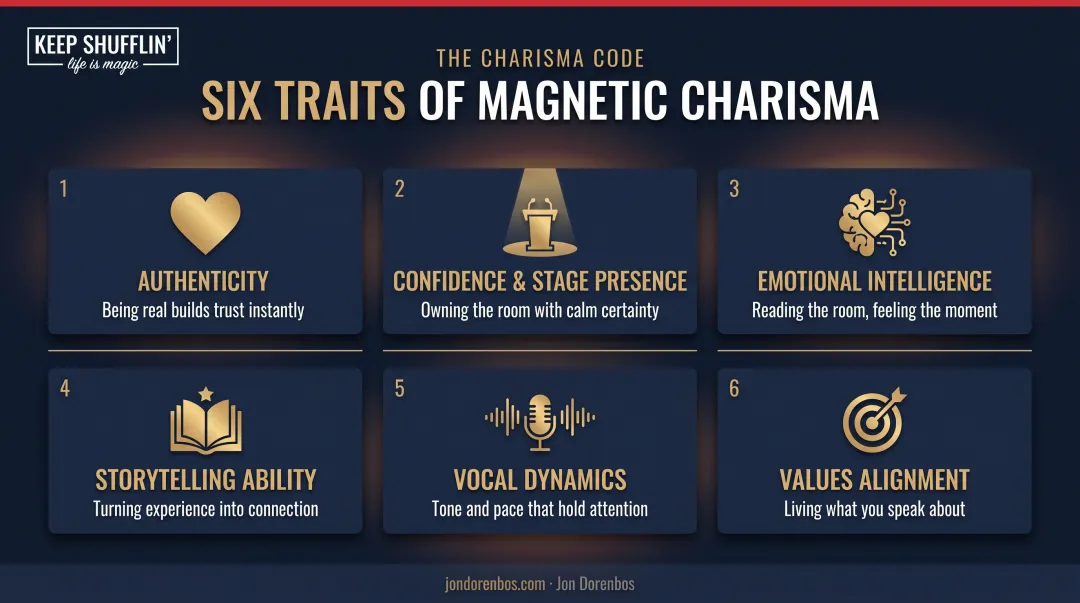 Six essential traits of charismatic keynote speakers infographic overview