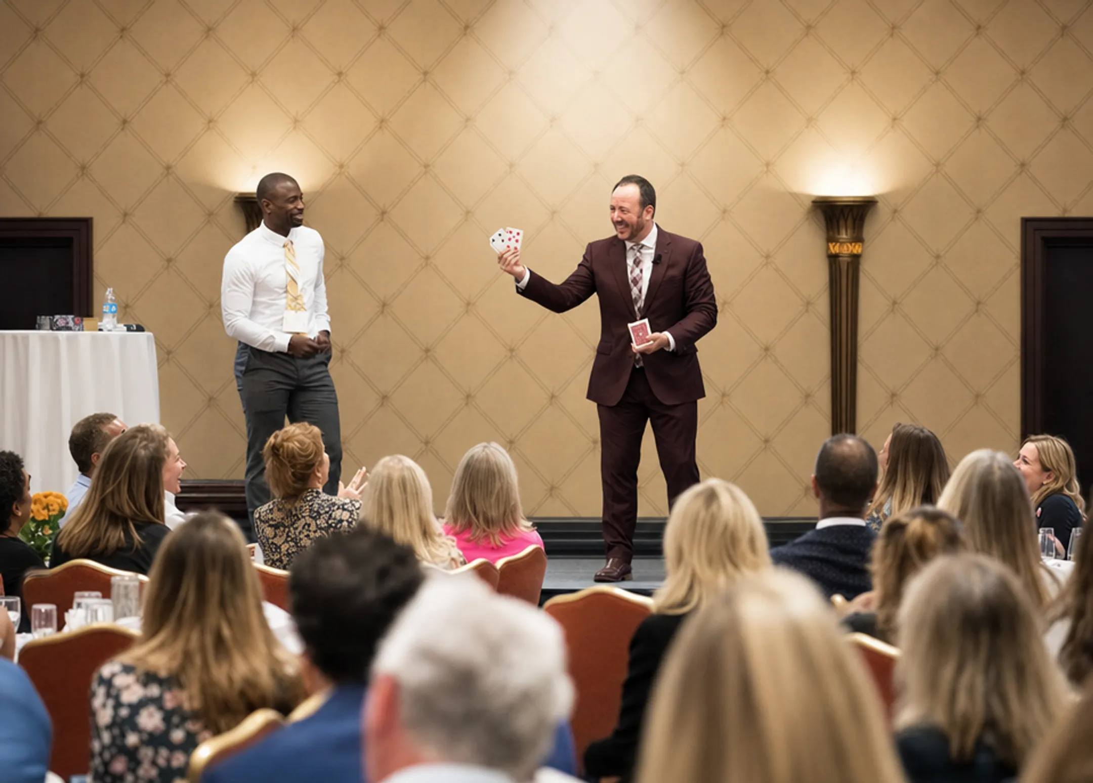 Former NFL player performing card magic on corporate keynote stage