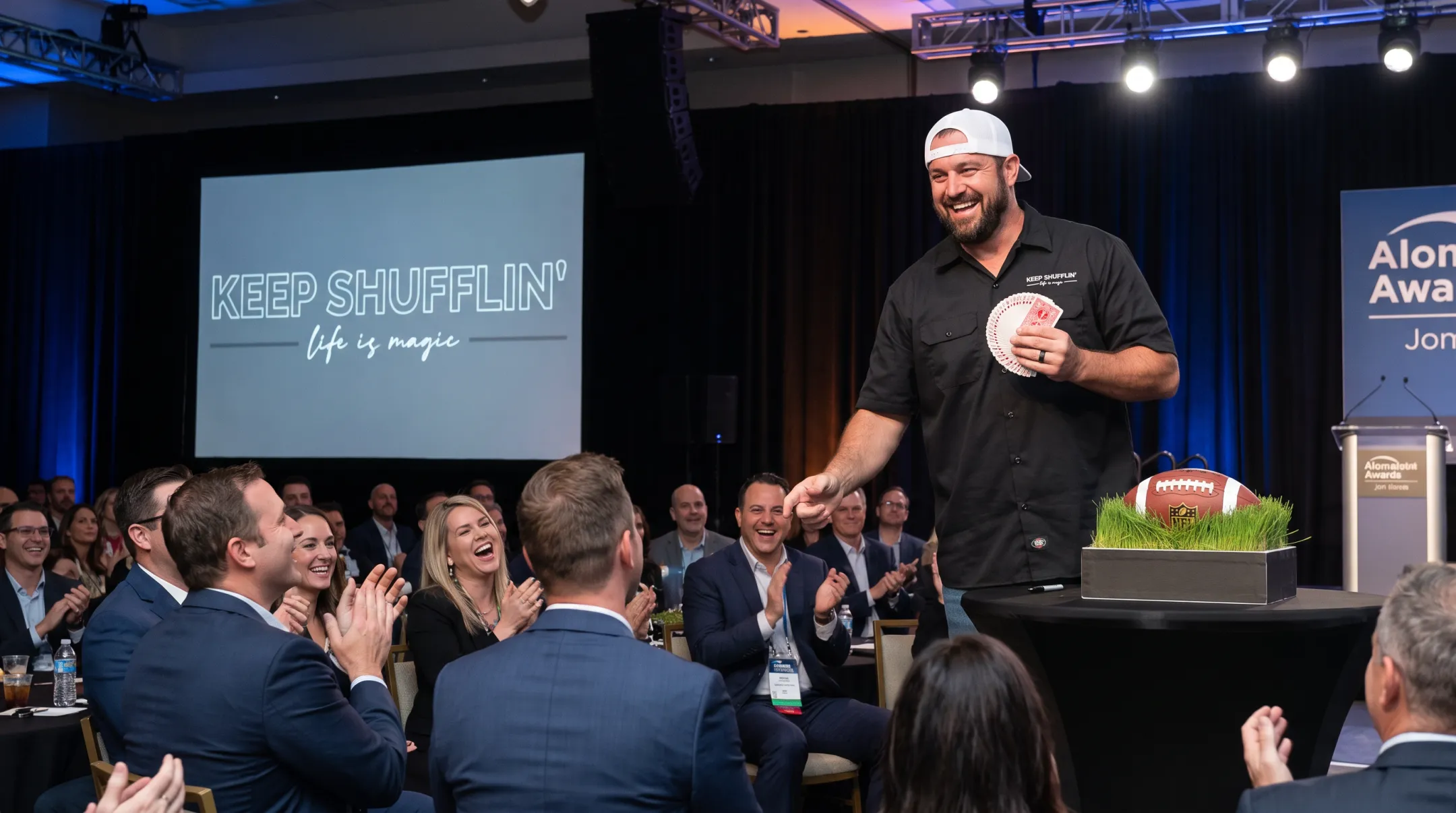 Jon Dorenbos performing magic trick during corporate keynote speech
