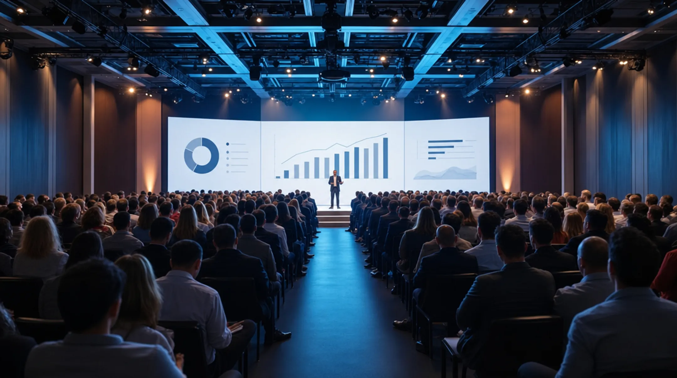 Corporate audience watching customized keynote presentation with stage visuals