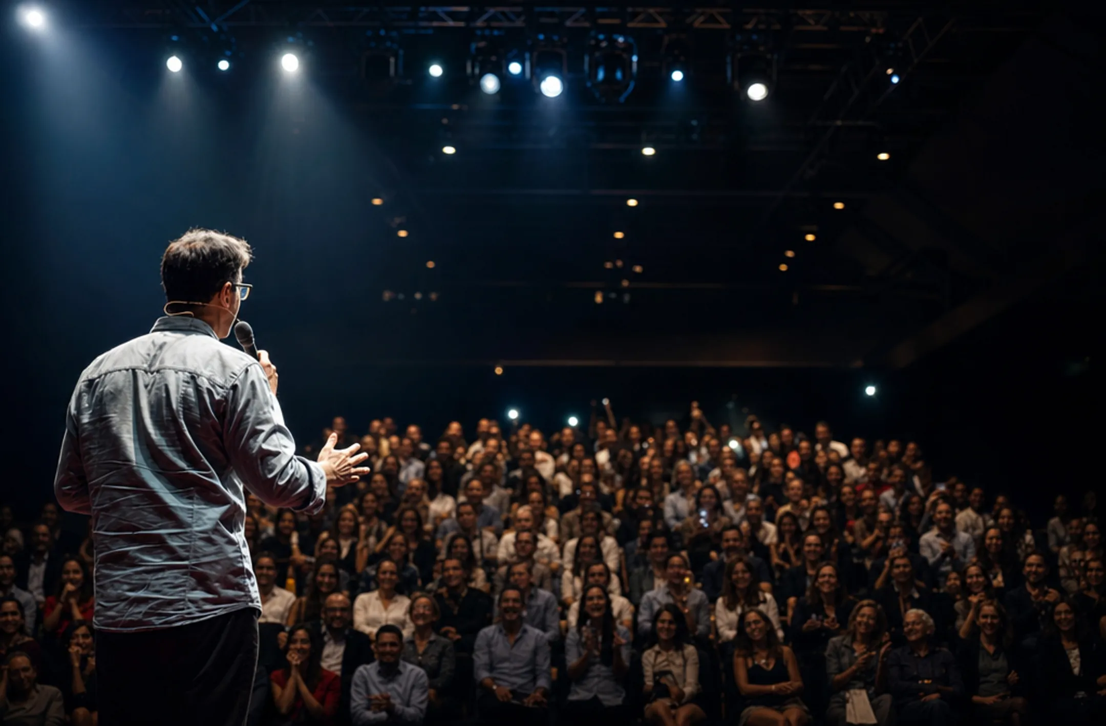Professional keynote speaker engaging live audience on conference stage