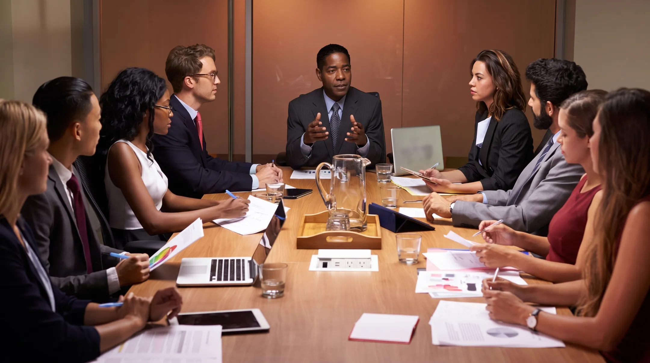 Diverse executive leadership team engaged in corporate storytelling workshop