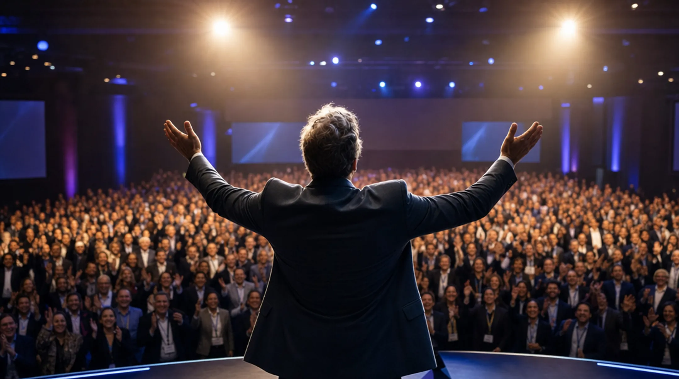 Motivational speaker addressing audience on stage at professional conference
