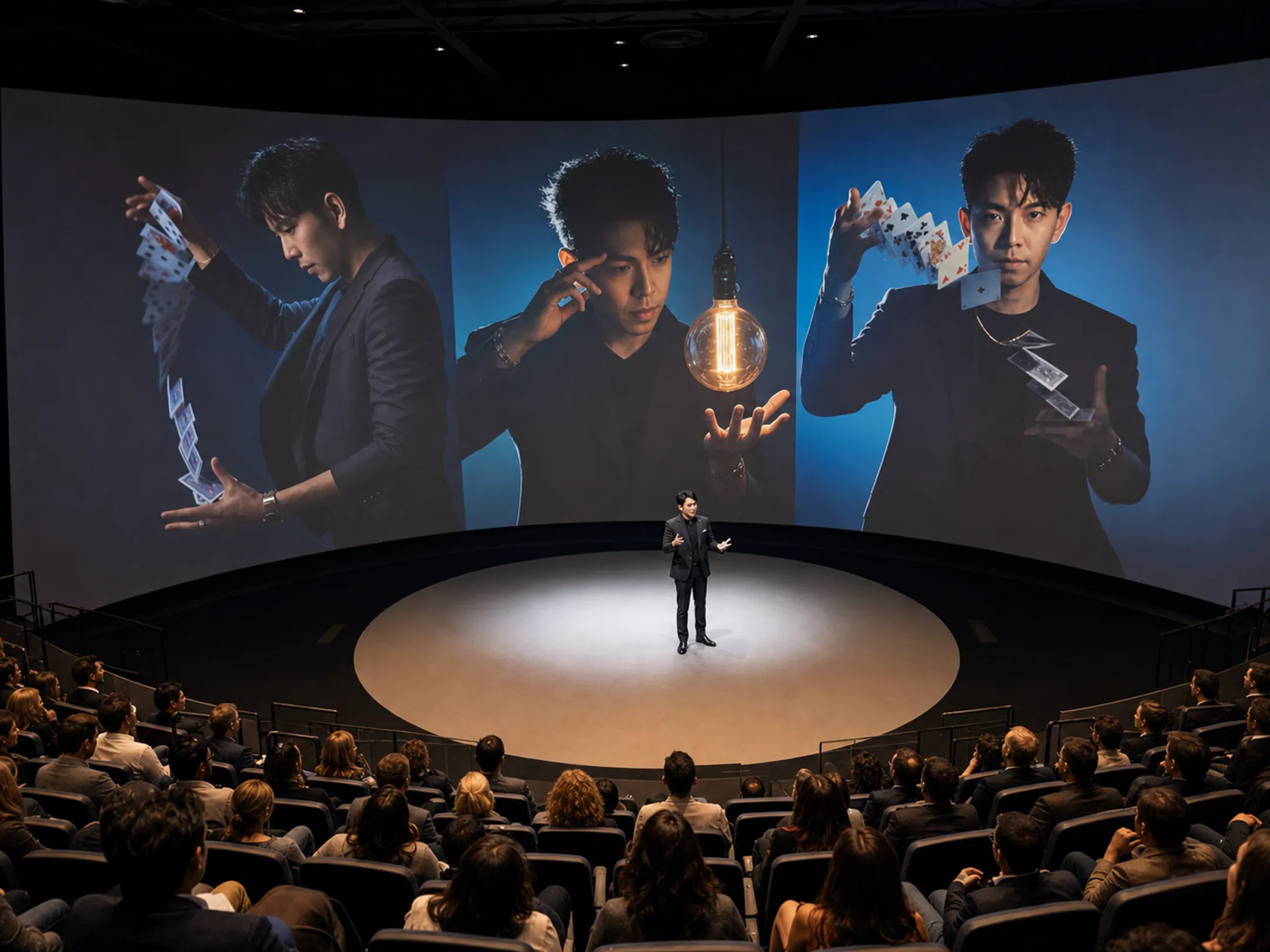 Keynote speaker performing card magic trick during corporate presentation