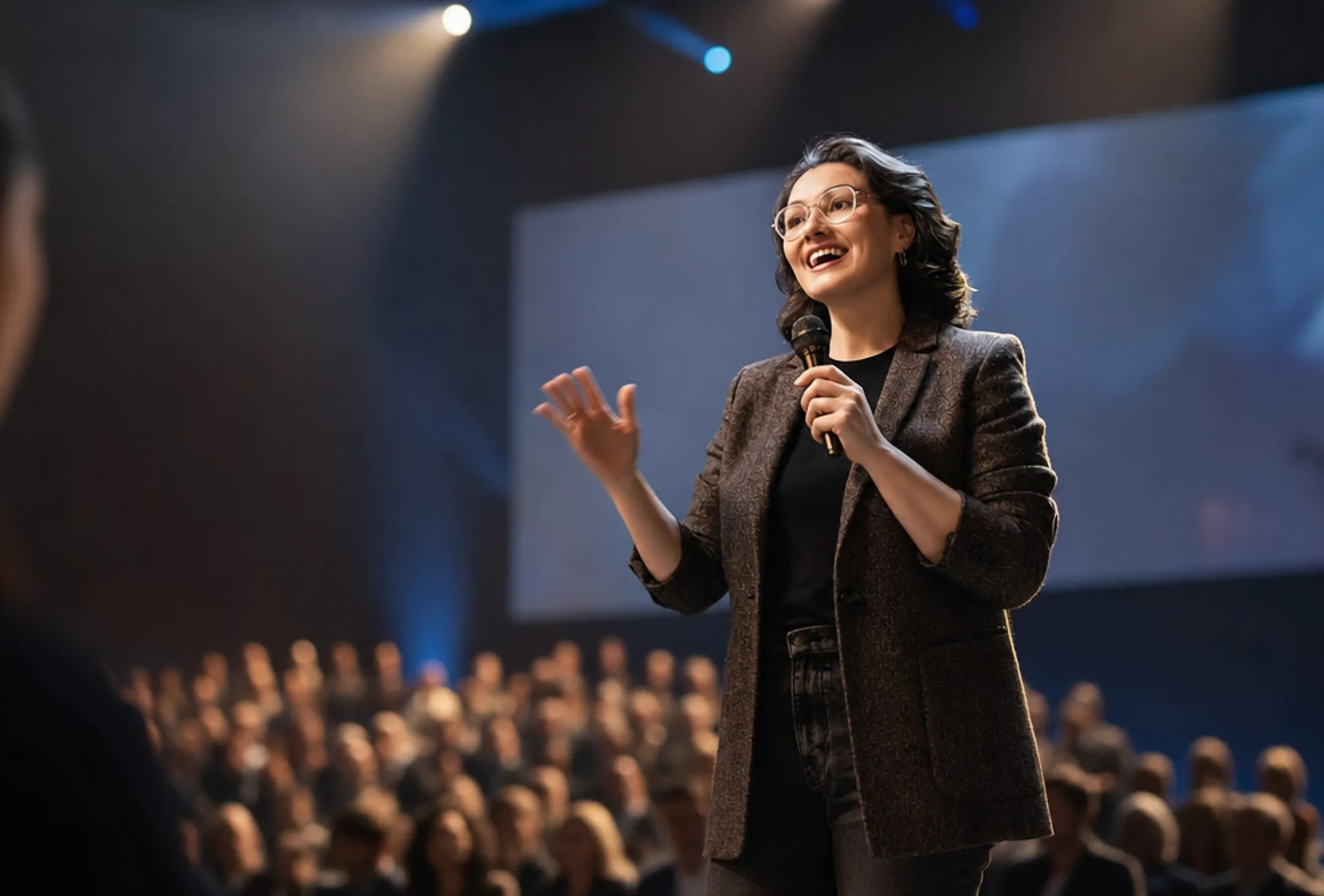 Keynote speaker performing on stage in front of corporate audience