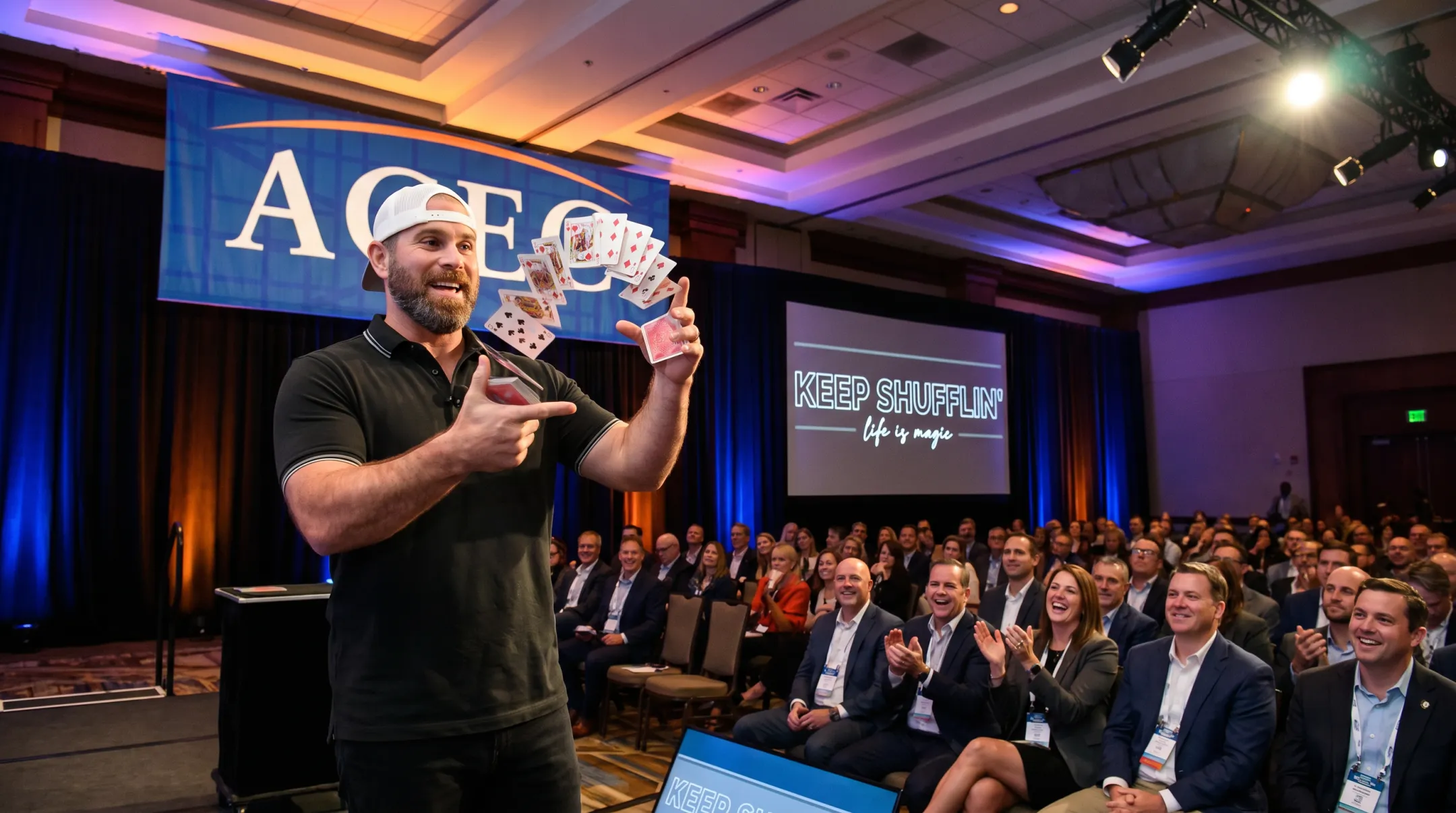 Jon Dorenbos performing keynote magic trick to corporate audience on stage