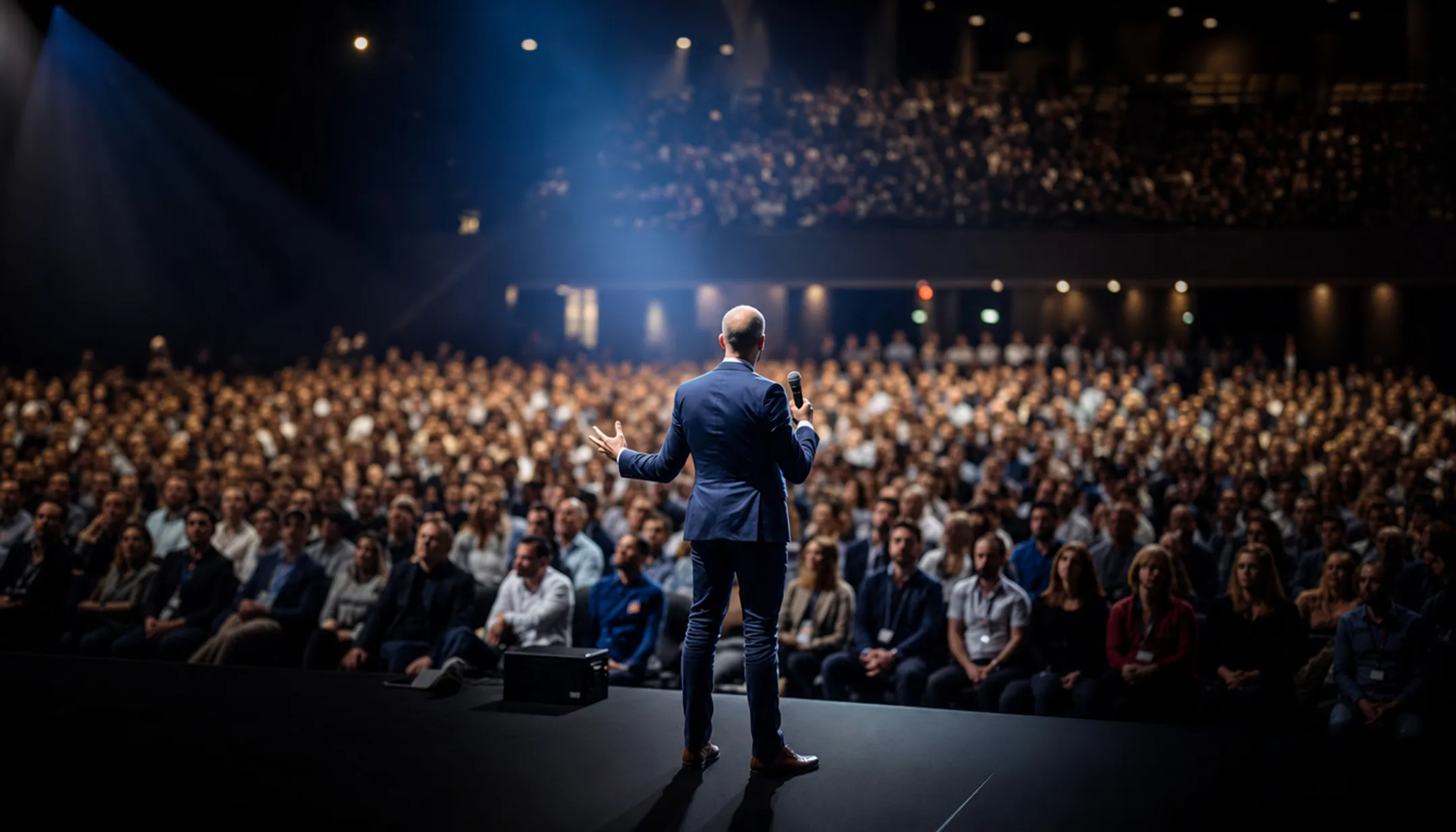 Celebrity keynote speaker engaging large corporate audience on stage