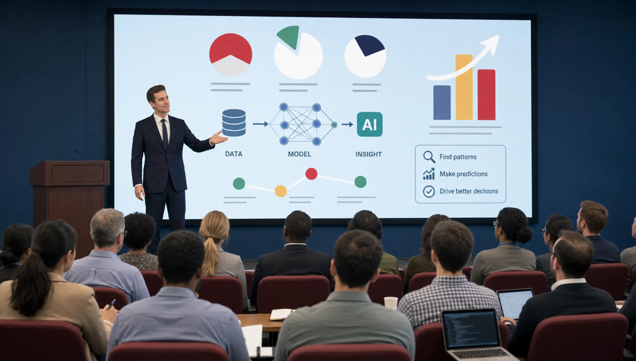 Data scientist explaining AI decision intelligence concepts to mixed audience