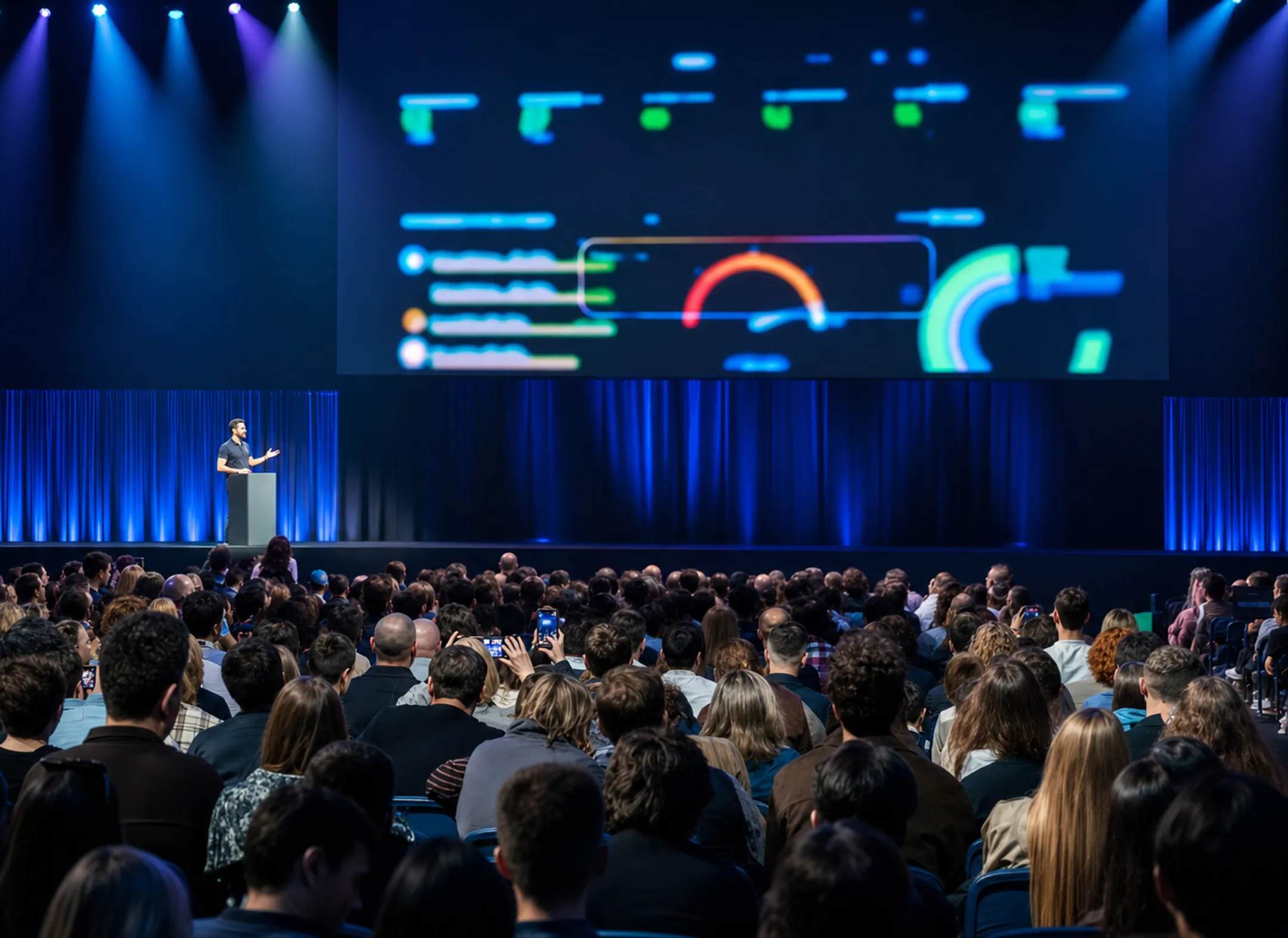 Keynote speaker presenting innovation talk to large corporate audience
