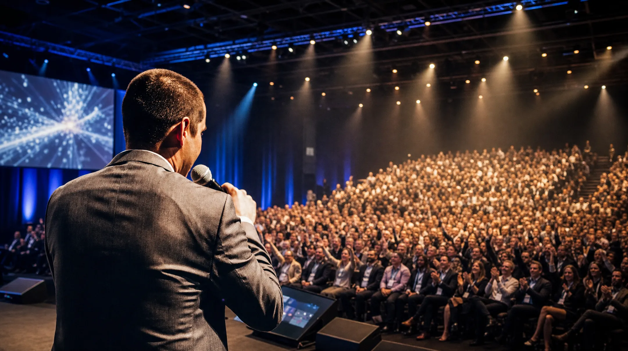 Professional keynote speaker performing on stage at corporate event