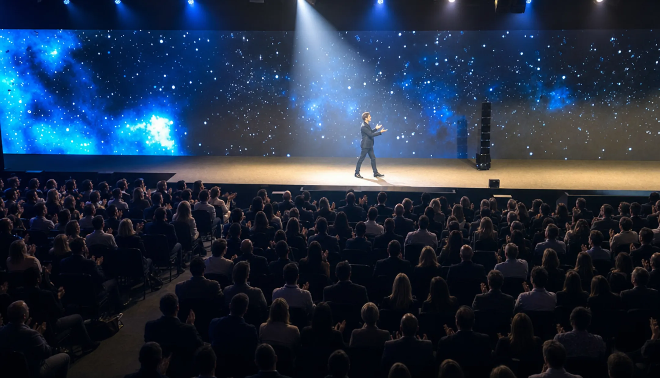 Keynote speaker performing magic trick on stage before corporate audience