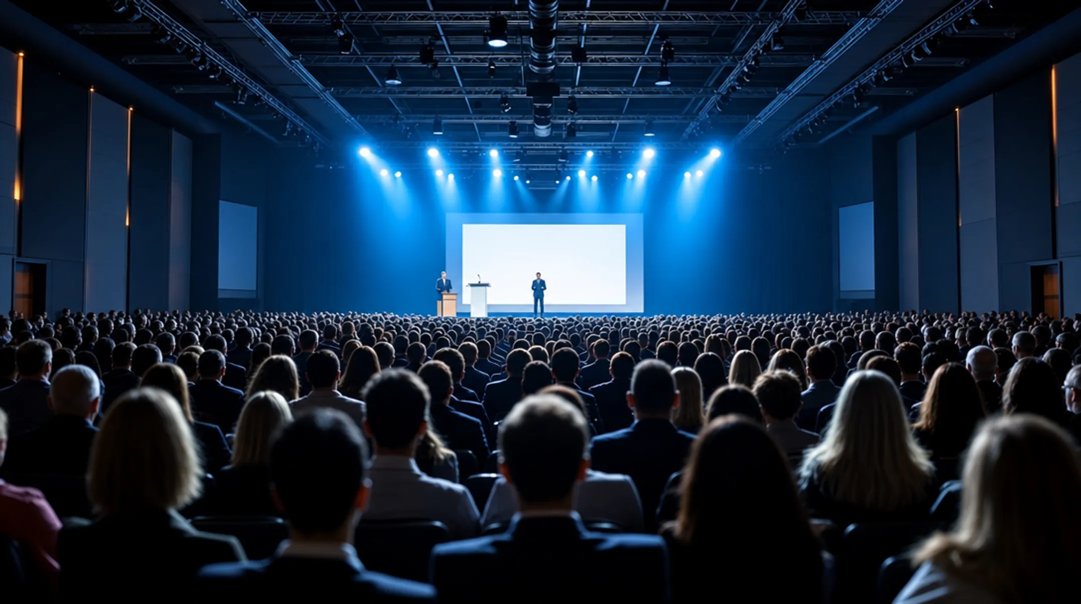 Corporate keynote speaker addressing large audience at conference event