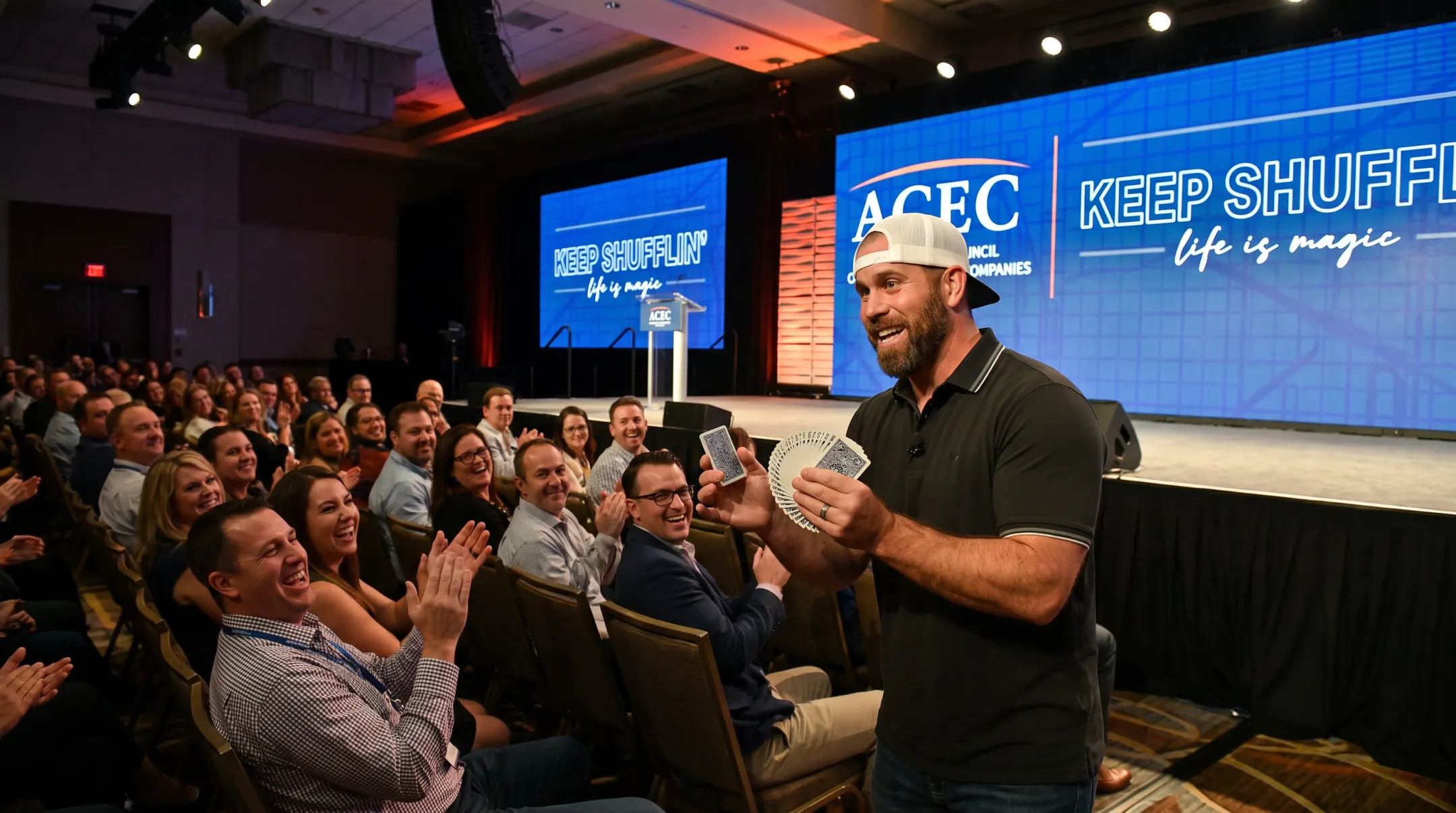 Jon Dorenbos performing card magic during a corporate keynote speech