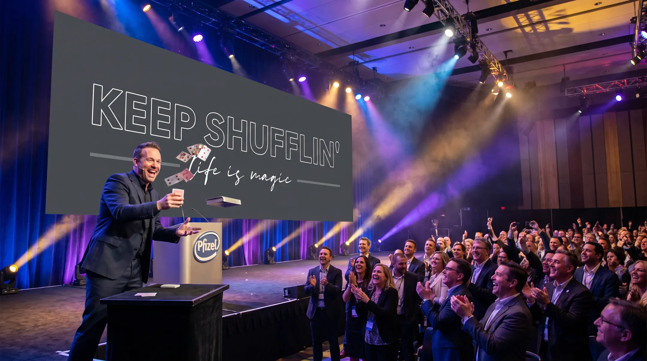 Jon Dorenbos performing magic during corporate keynote presentation on stage