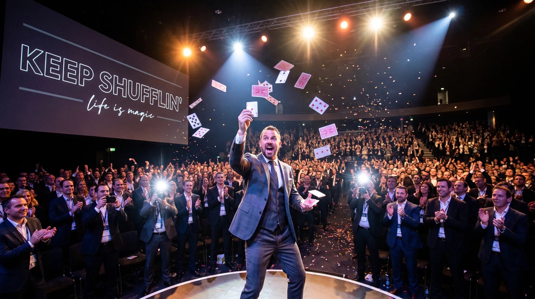 Jon Dorenbos performing live magic during corporate keynote presentation