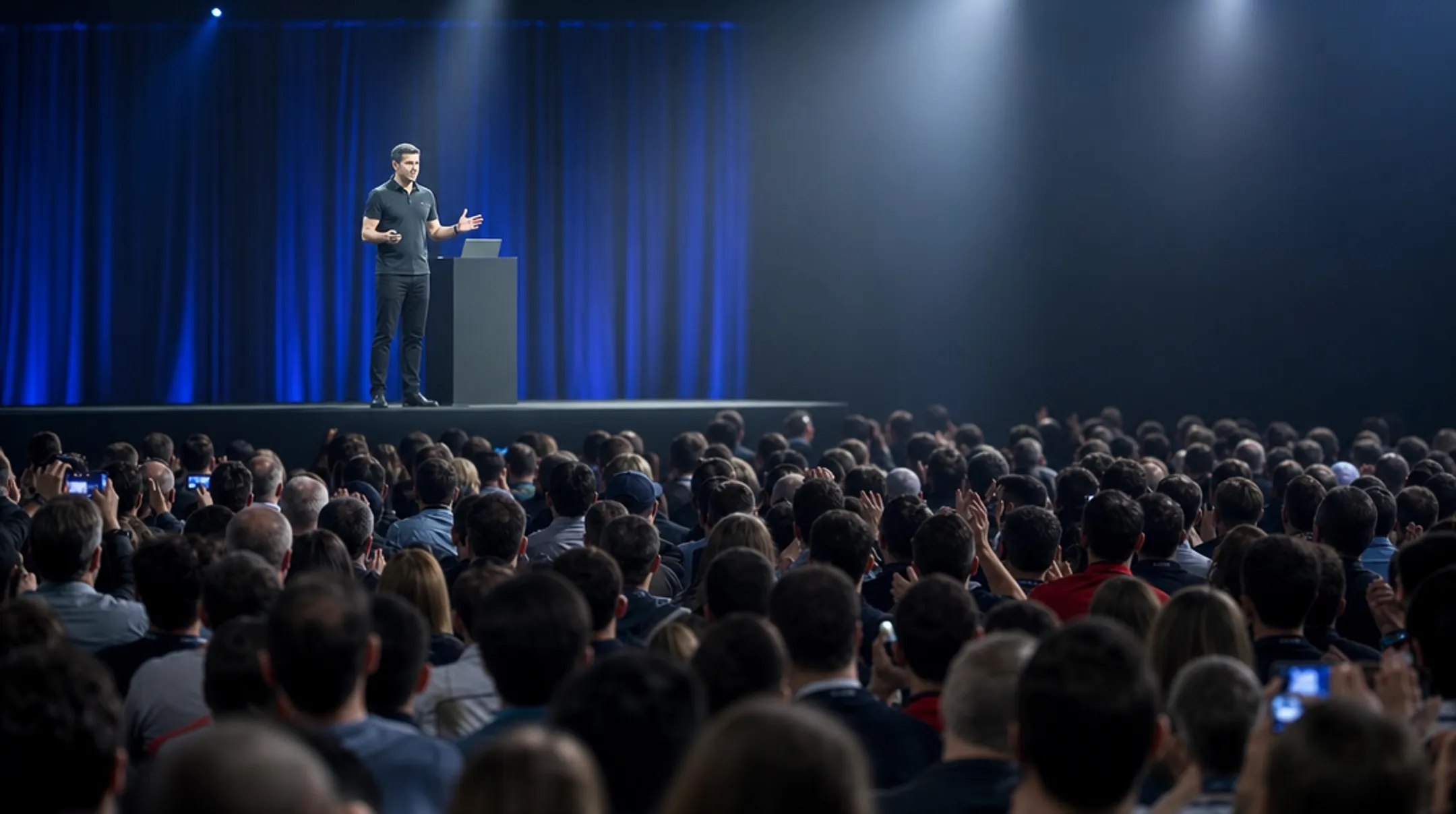 Corporate keynote speaker performing on stage to engaged audience