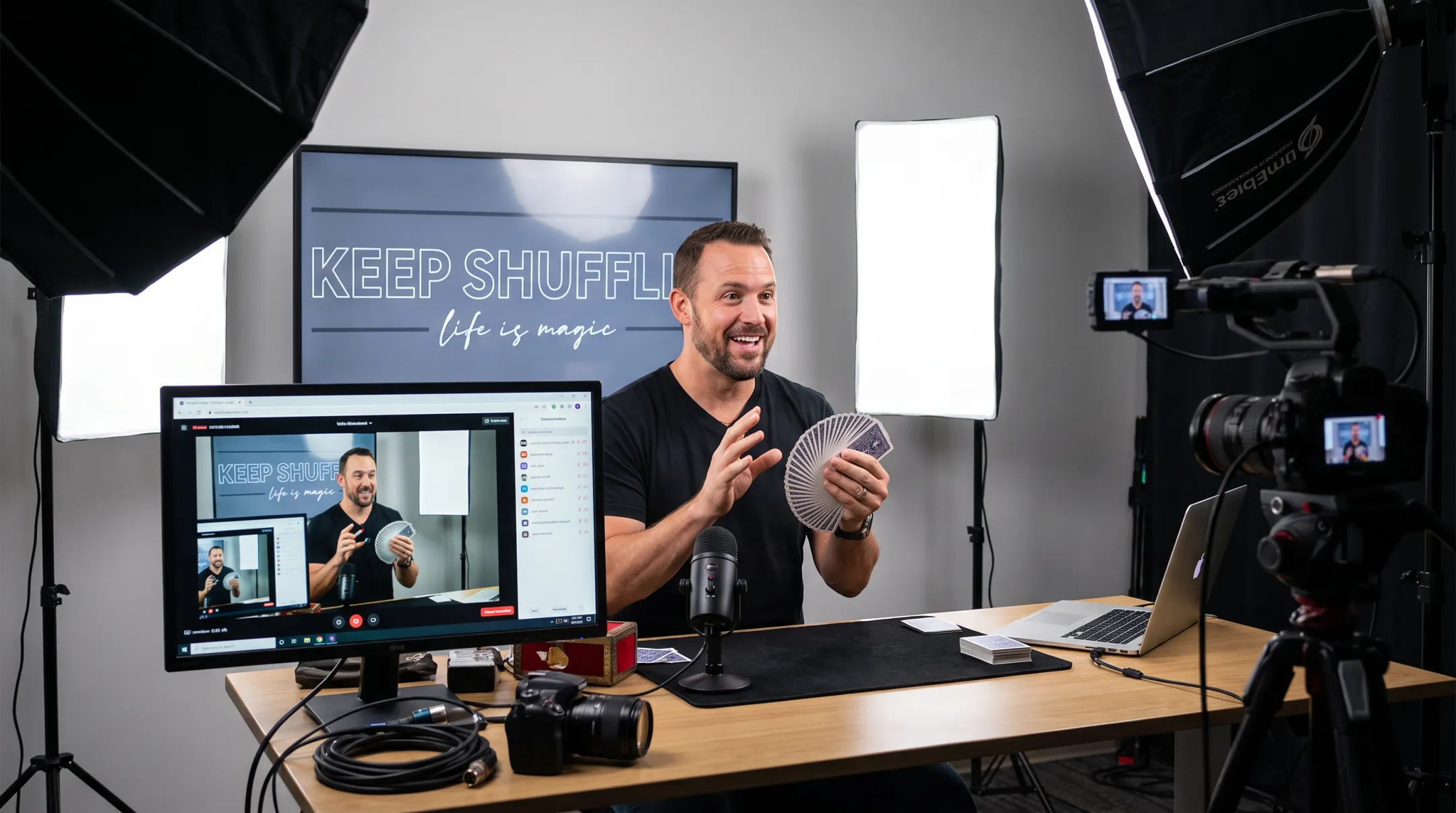 Jon Dorenbos performing magic keynote during virtual corporate event presentation