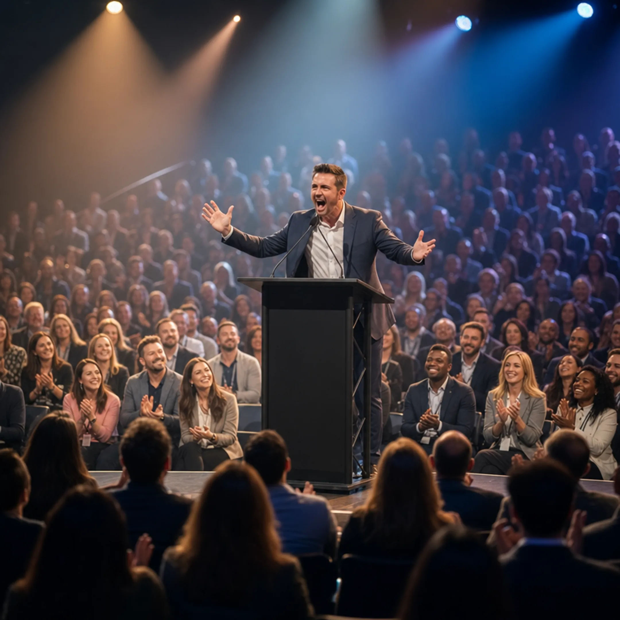 Motivational keynote speaker performing on stage before corporate audience